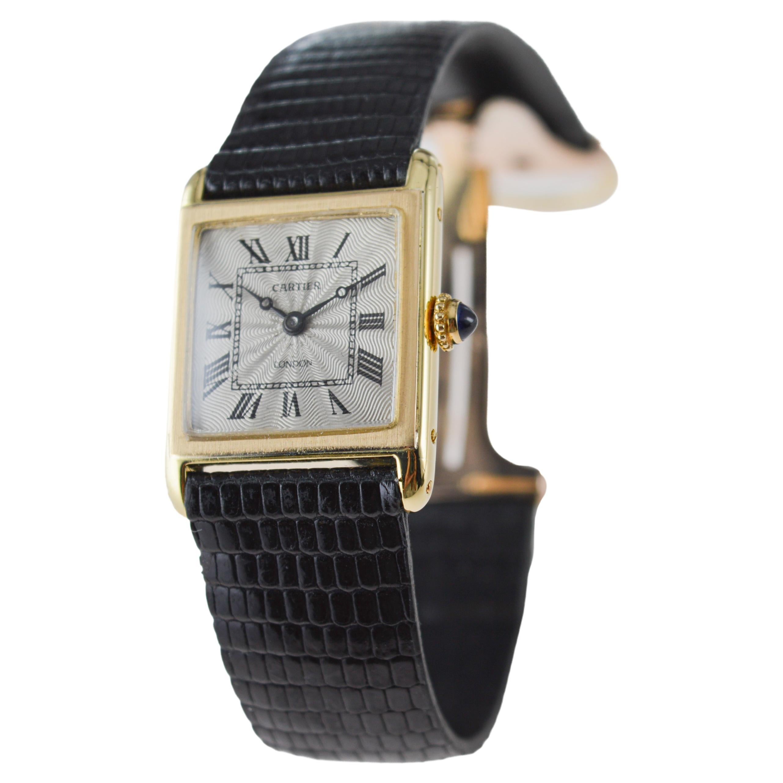 Cartier 18Kt. Tank European Watch & Clock Co. w/ Engine Turned Dial 1920 / 30's For Sale 1