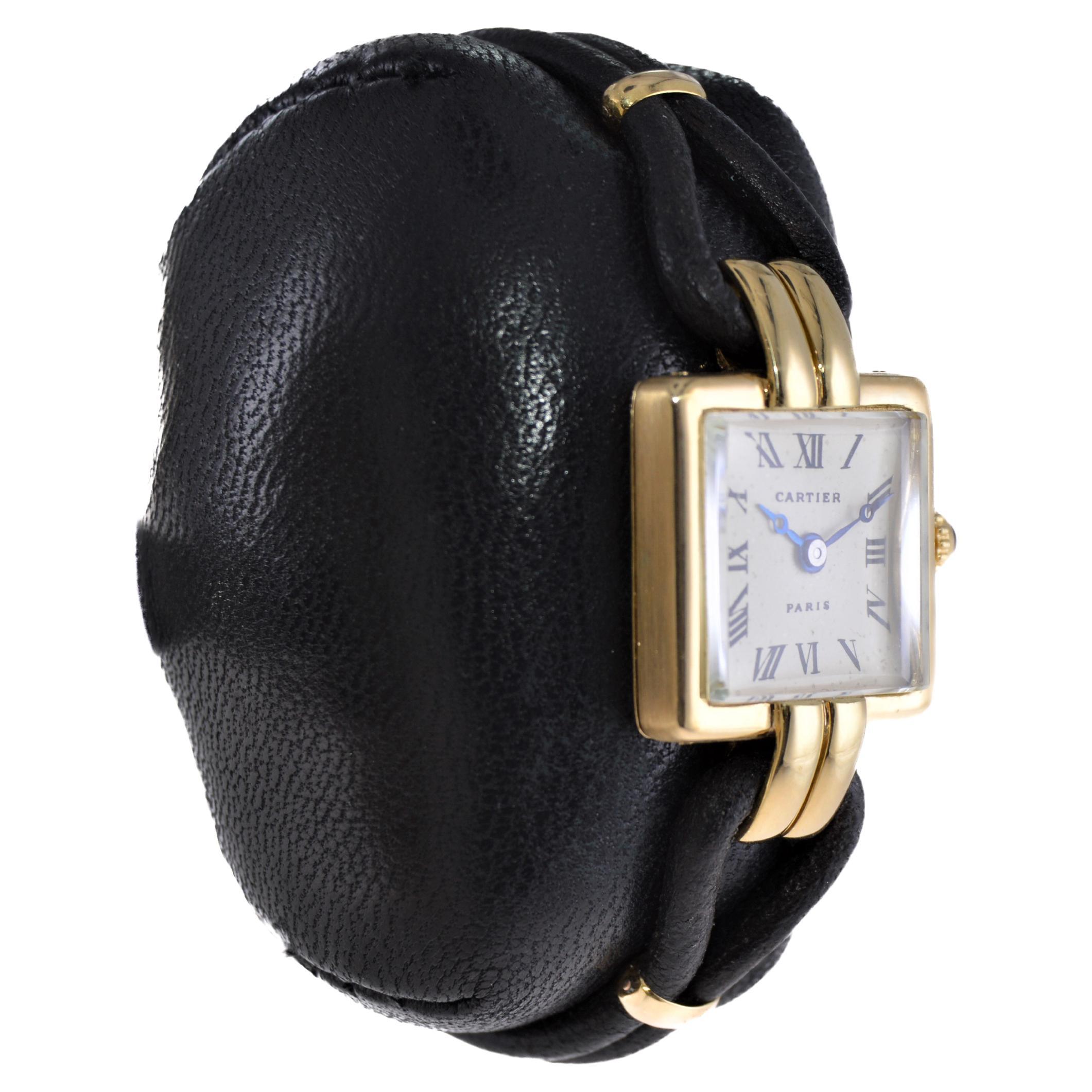 FACTORY / HOUSE: Cartier Paris
STYLE / REFERENCE: Art Deco / Square
METAL / MATERIAL: 18Kt. Yellow Gold 
CIRCA / YEAR: 1930's
DIMENSIONS / SIZE: Length 32mm X Width 20mm 
MOVEMENT / CALIBER: Retrofitted by Cartier with a Modern Manual Winding