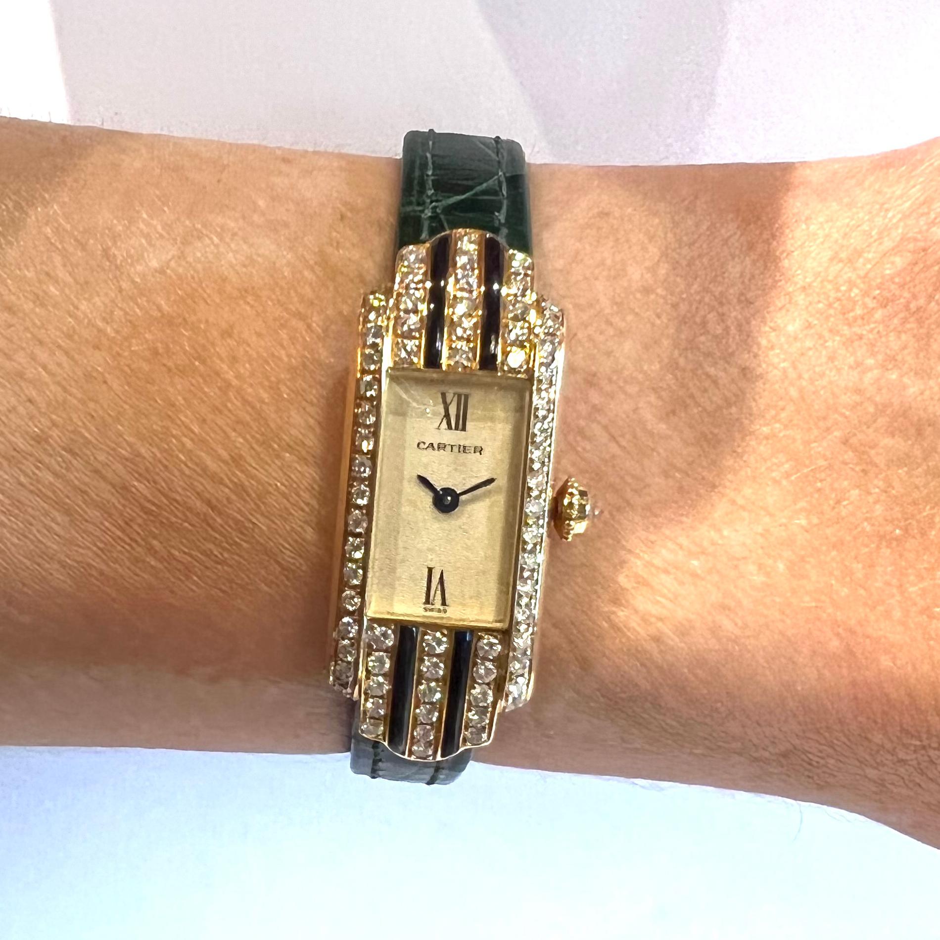 Brilliant Cut Cartier 18kt Yellow Gold Enamel and Diamond Lady’s Quartz Wristwatch