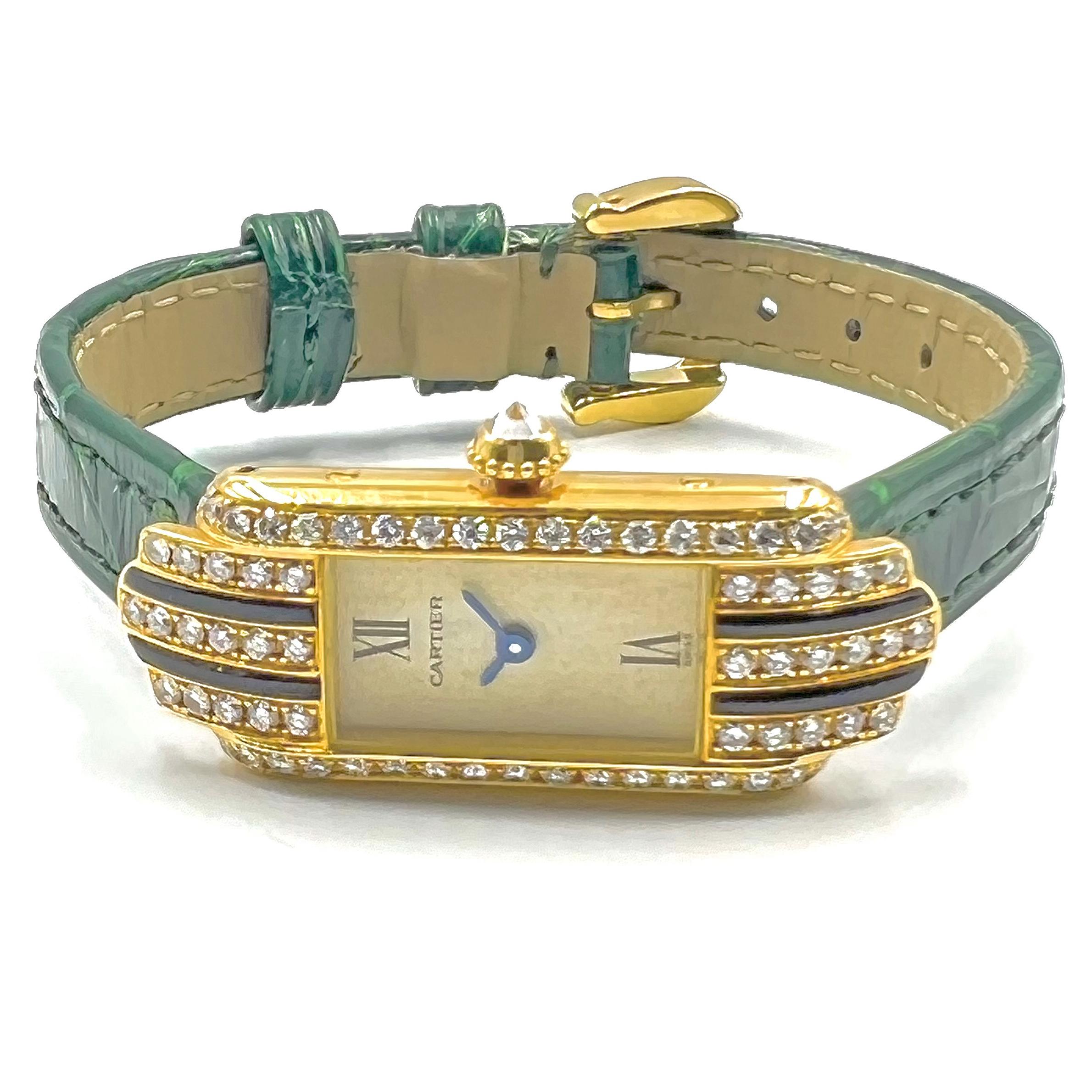 Cartier 18kt Yellow Gold Enamel and Diamond Lady’s Quartz Wristwatch In Good Condition In Palm Beach, FL