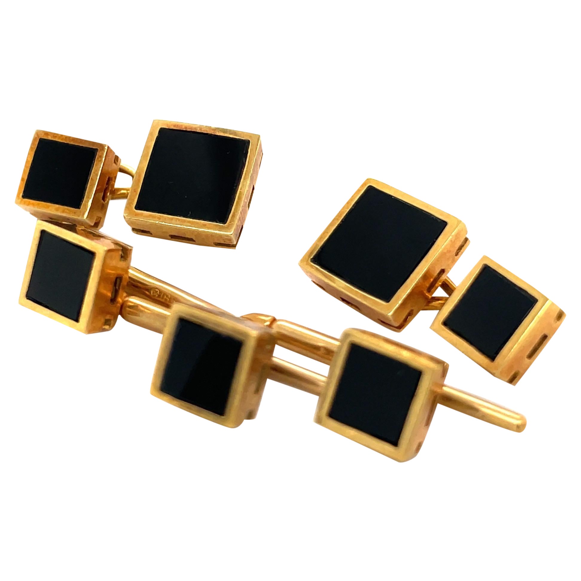 Cartier 18KT Gelbgold &amp;amp;amp; Onyx Manschettenknöpfe / Ohrstecker Kleid Set, ca. 1970er Jahre