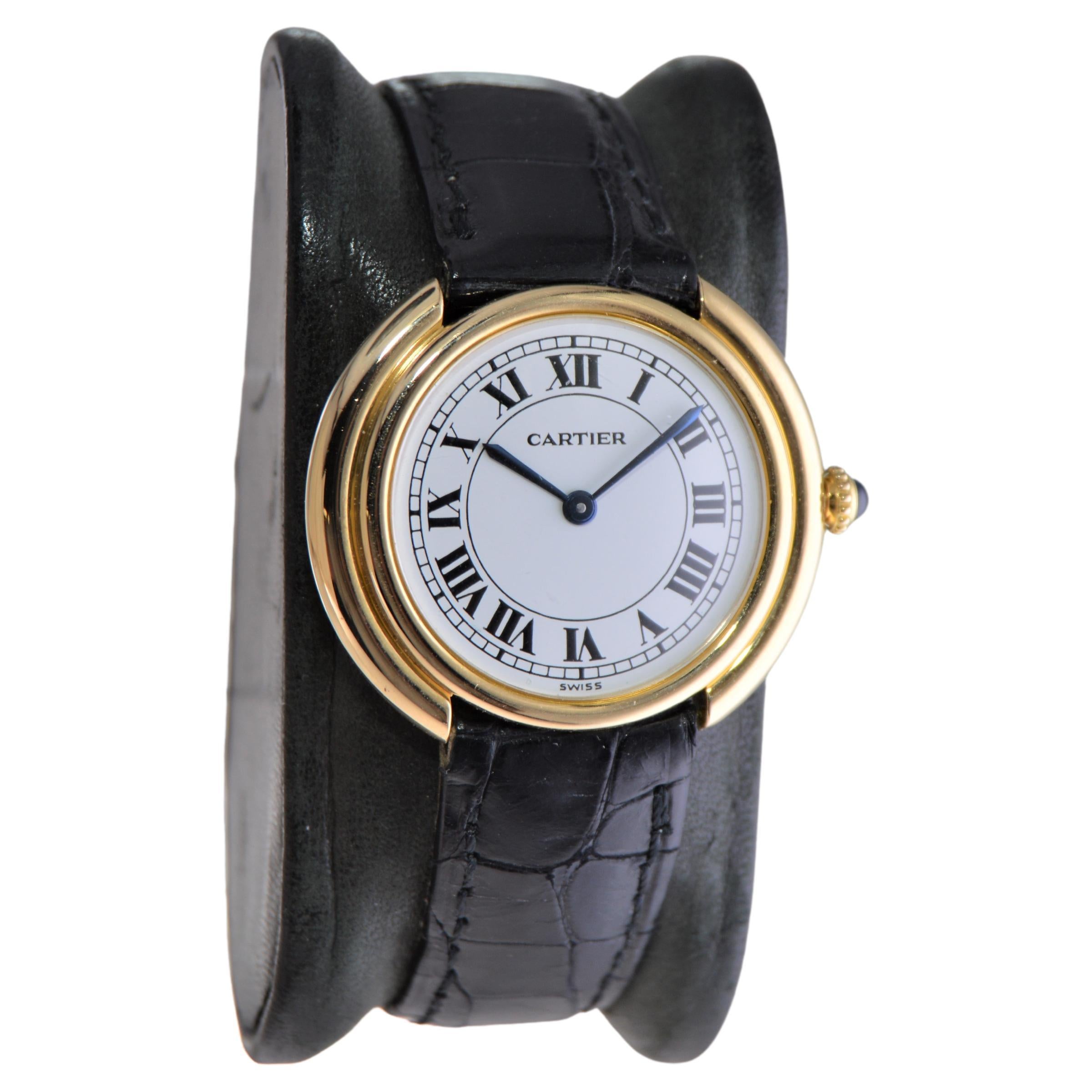 Modern Cartier 18Kt Yellow Gold Original Dial and Supplied with Original Buckle 1970's For Sale
