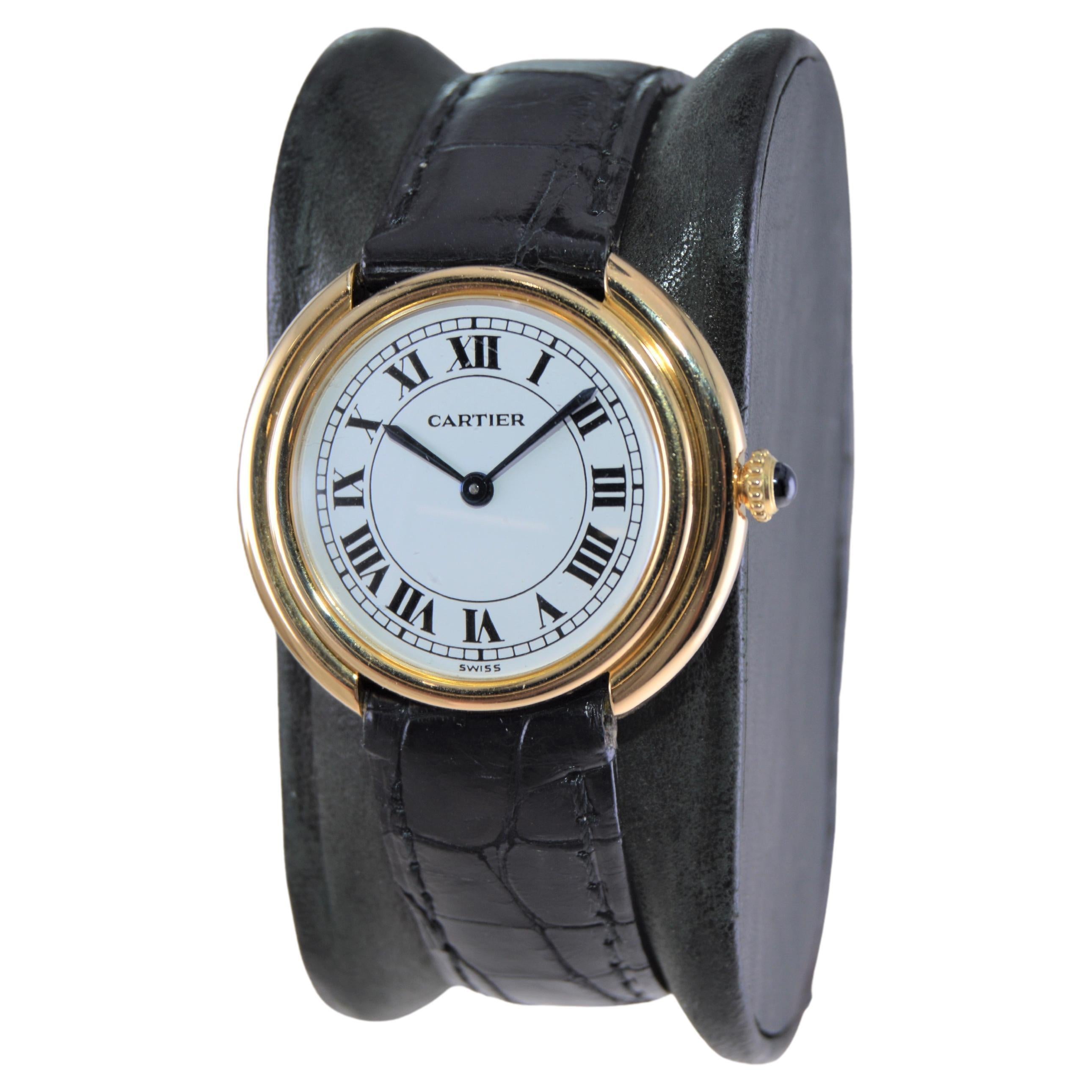 Women's or Men's Cartier 18Kt Yellow Gold Original Dial and Supplied with Original Buckle 1970's For Sale