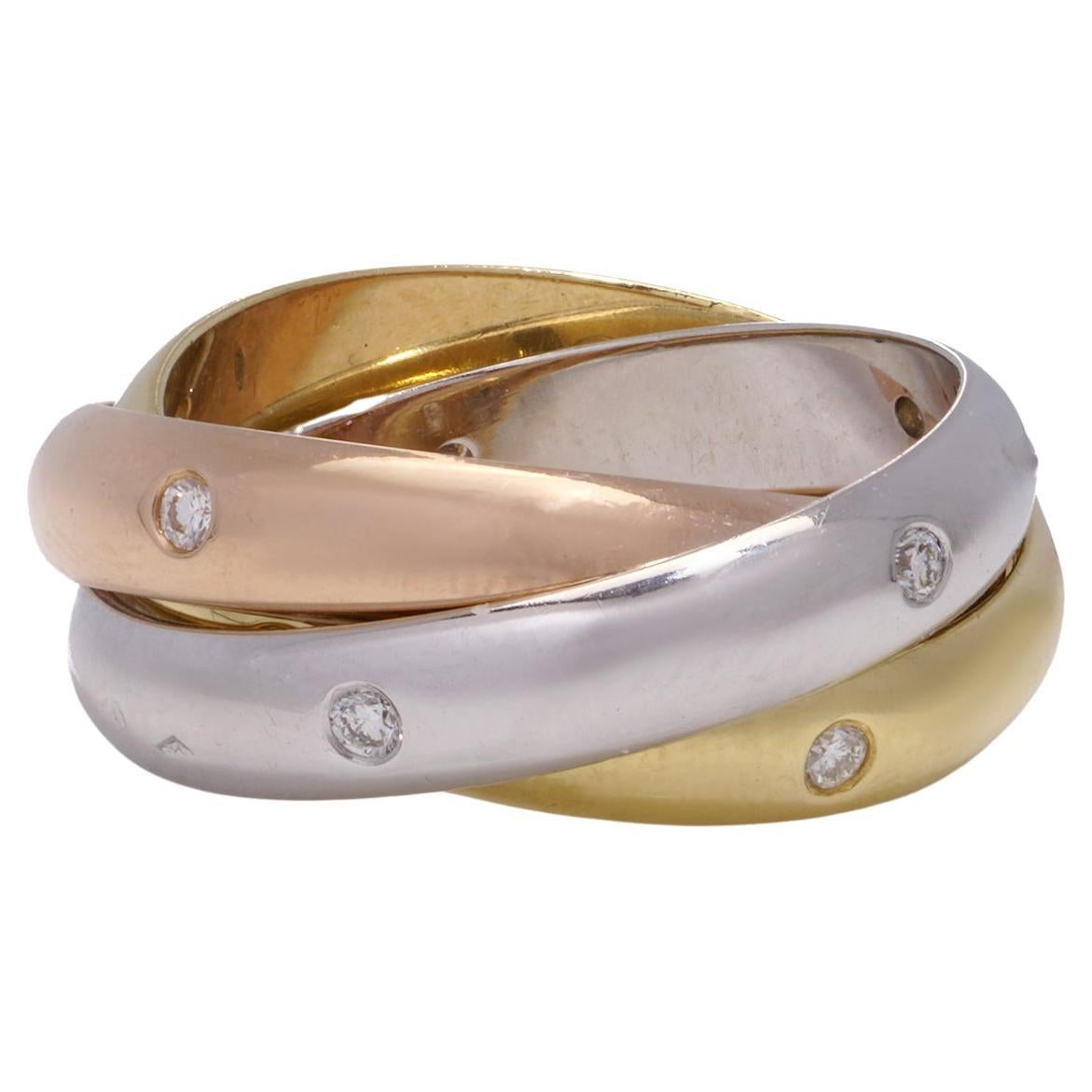 Cartier 18kt Yellow, Rose, and White gold trinity ring with diamonds For Sale