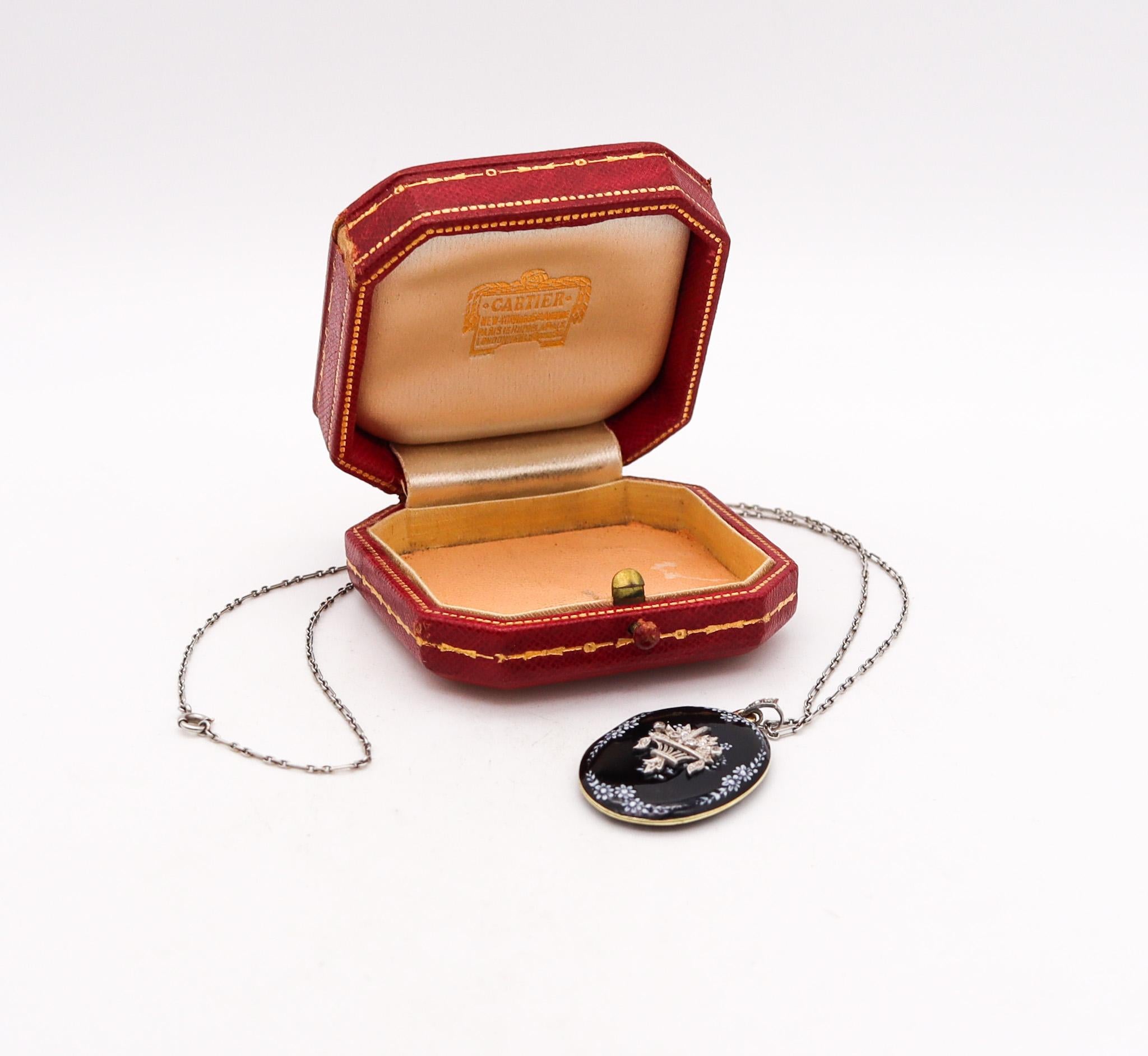 Locket necklace designed by Cartier.

Gorgeous antique locket-necklace, created during the early Edwardian period by the house of Cartier, back in the 1900. This beautiful and rare piece was carefully crafted as a hinged oval medallion in two parts