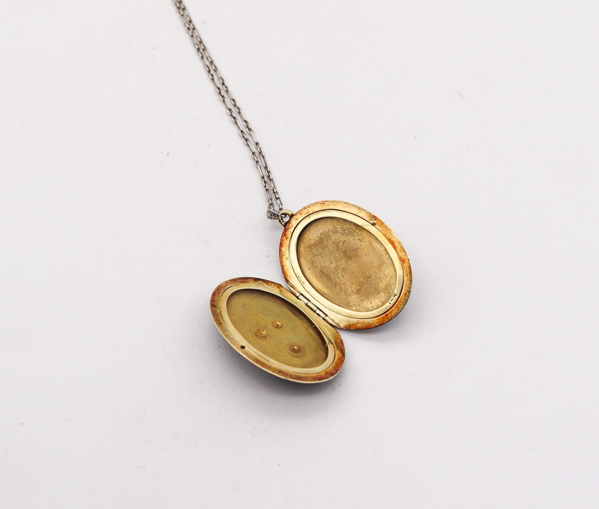 Cartier 1900 Edwardian Enameled Locket Necklace In 14Kt Gold With Rose Diamonds For Sale 3