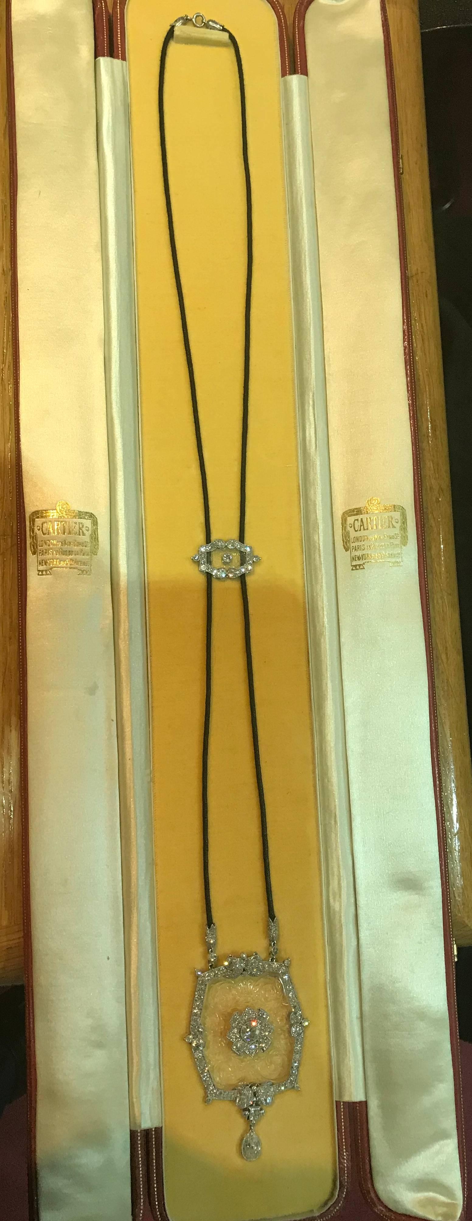 Rare Cartier Belle Epoque Diamond Carved Rock Crystal Pendant Original Box In Excellent Condition In Monte Carlo, MC