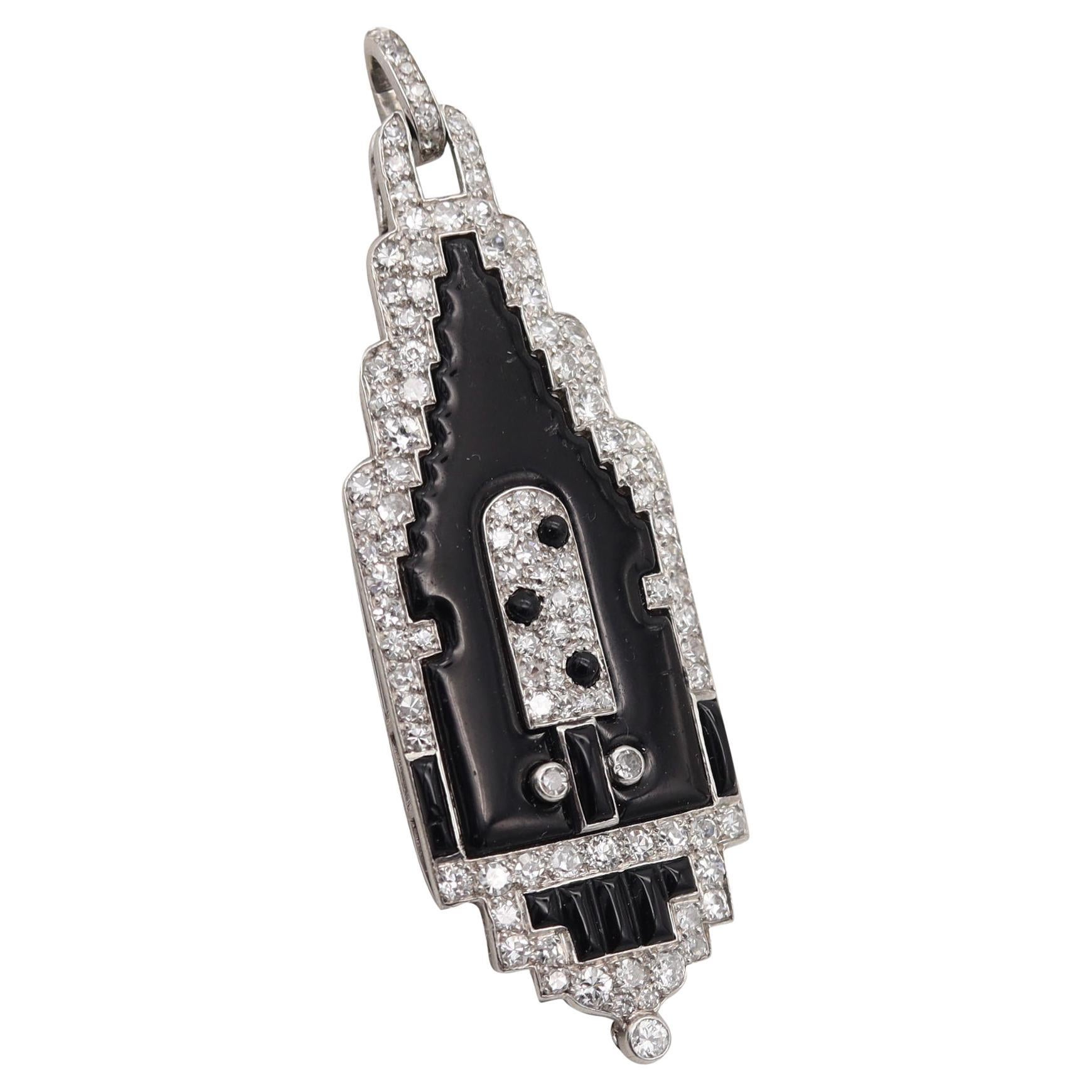 CARTIER 1920 Art Deco Platinum Enameled Pendant-Lorgnette With Diamonds 
Onyx For Sale