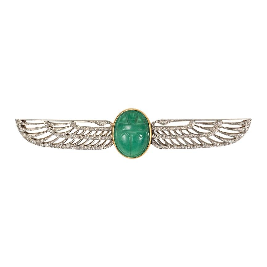 Cartier 1920s Egyptian Revival Faience Scarab and Diamond Brooch