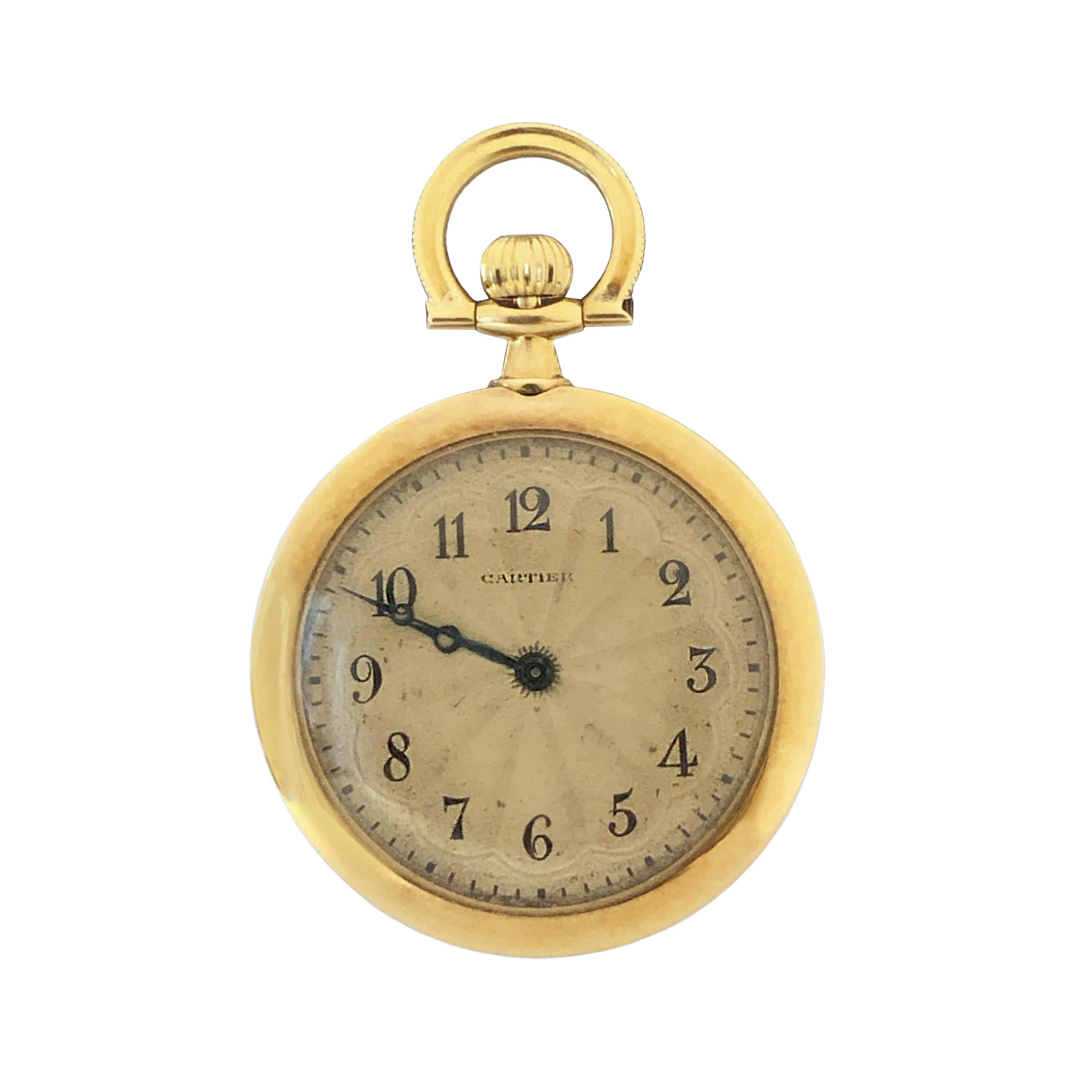 Circa 1920s Cartier Ladies pendant watch, 27 M.M. 18K Yellow Gold 3 Piece case with with Platinum and Enamel and further set with several Rose cut Diamonds and a Natural Pearl.  17 Jewel EWC, European Watch & Clock manual wind nickel lever movement.