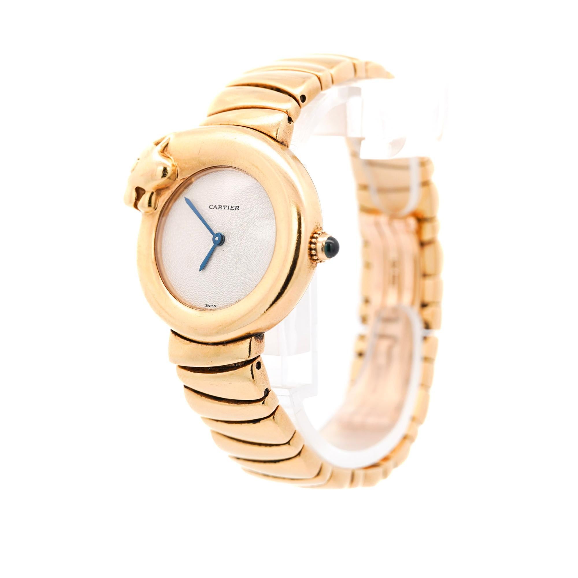 Cartier 1925 watch reference 2325 in all 18k gold with, quartz movement, fully linked, 28mm case excluding panther head. 

Get the Cartier timepiece that no one else has. A rare vintage collector’s watch crafted in solid 18K yellow gold with an
