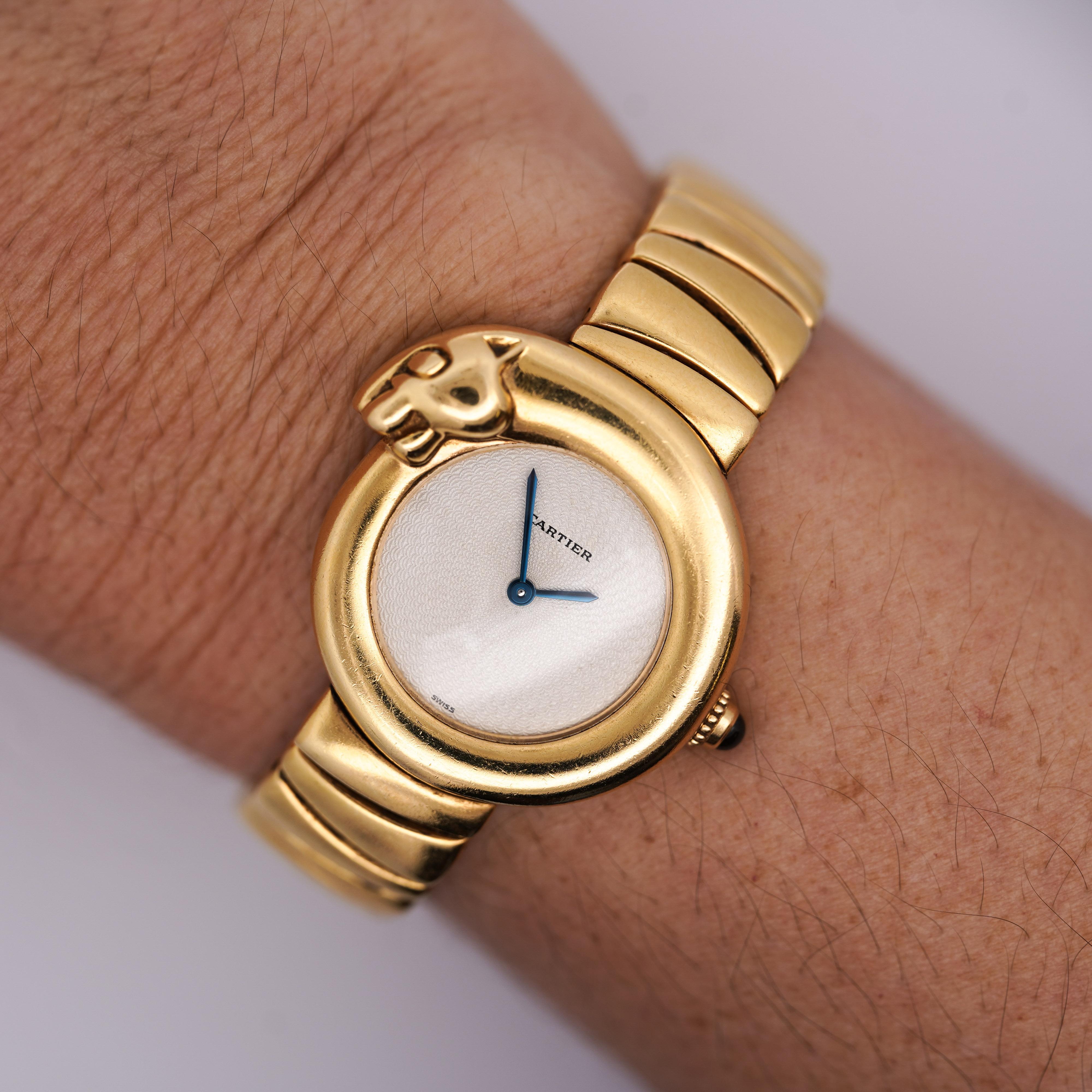 Modern Cartier 1925 Panther Bezel 18K Yellow Gold 28mm Ref 2325 Watch For Sale