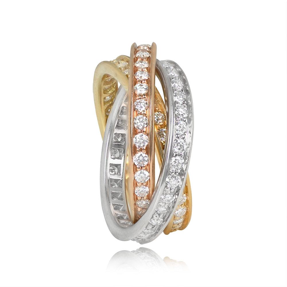 Original Cartier rolling ring in 18k yellow, white, and rose gold with collection-grade round brilliant cut diamonds (D-F color and VVS1-VS1 clarity) set all around. The total diamond weight is approximately 1.92 carats. Each band is approximately