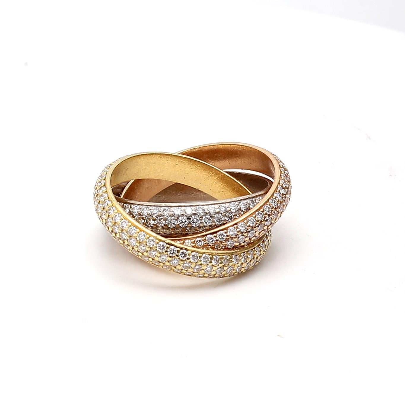Designer:
CARTIER
Title:
Cartier 1.93 Carat Round Brilliant F VVS1 Diamond 18 Karat Tri Color Gold Trinity Ring
Style:
Trinity
Metal:
18 Karat Tri Color Gold
Gemstone 1:
1.93 Carat Diamond
Number of Stones:
468
Color:
F
Clarity:
VVS1
Shape:
Round