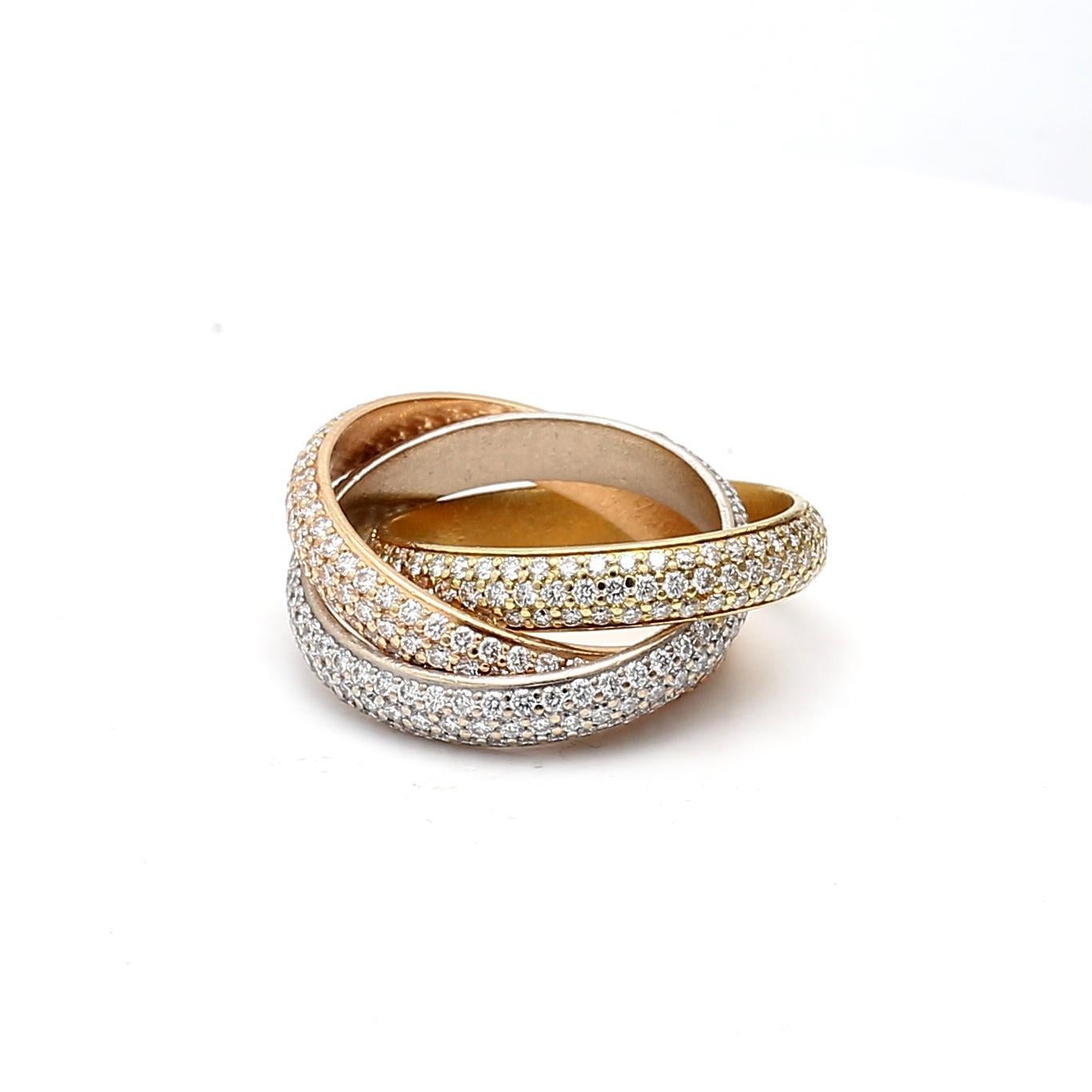 Women's Cartier 1.93 Carat Round Brilliant Diamond 18K Tri Color Gold Trinity Ring For Sale