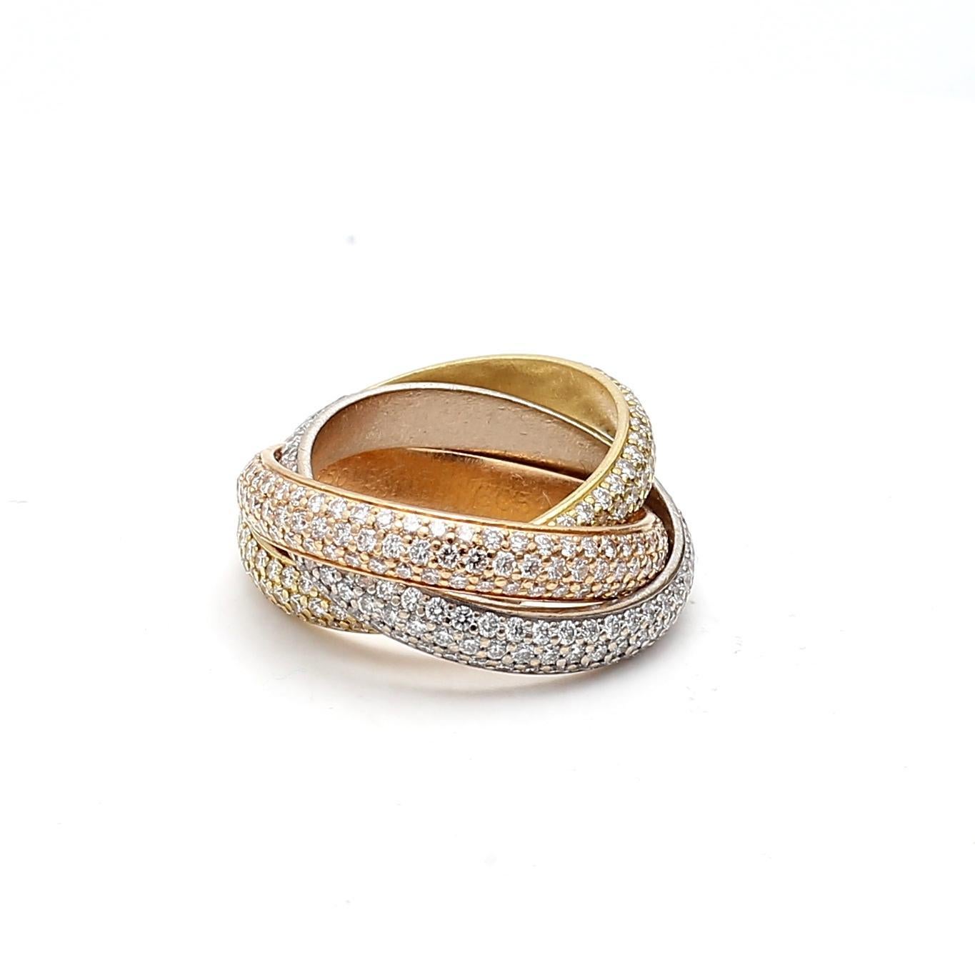 Cartier 1.93 Carat Round Brilliant Diamond 18K Tri Color Gold Trinity Ring For Sale 1