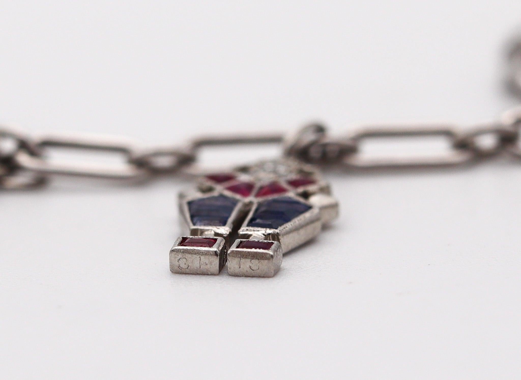 CARTIER 1930 Art Deco Charms Bracelet Platinum With 6.04 Ctw In Diamonds & Gems For Sale 6