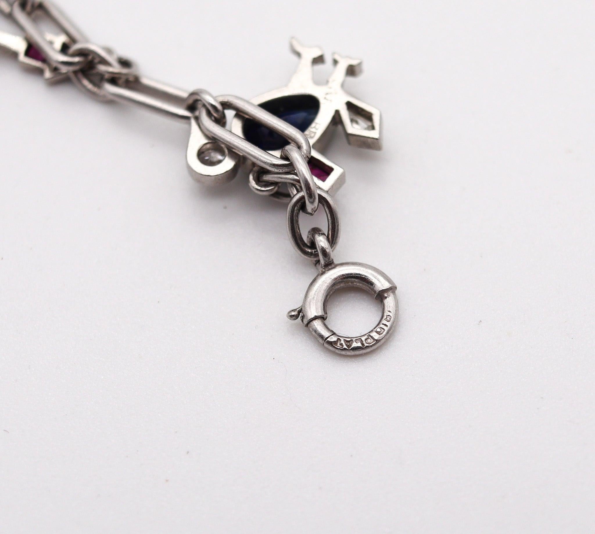 CARTIER 1930 Art Deco Charms Bracelet Platinum With 6.04 Ctw In Diamonds & Gems For Sale 7