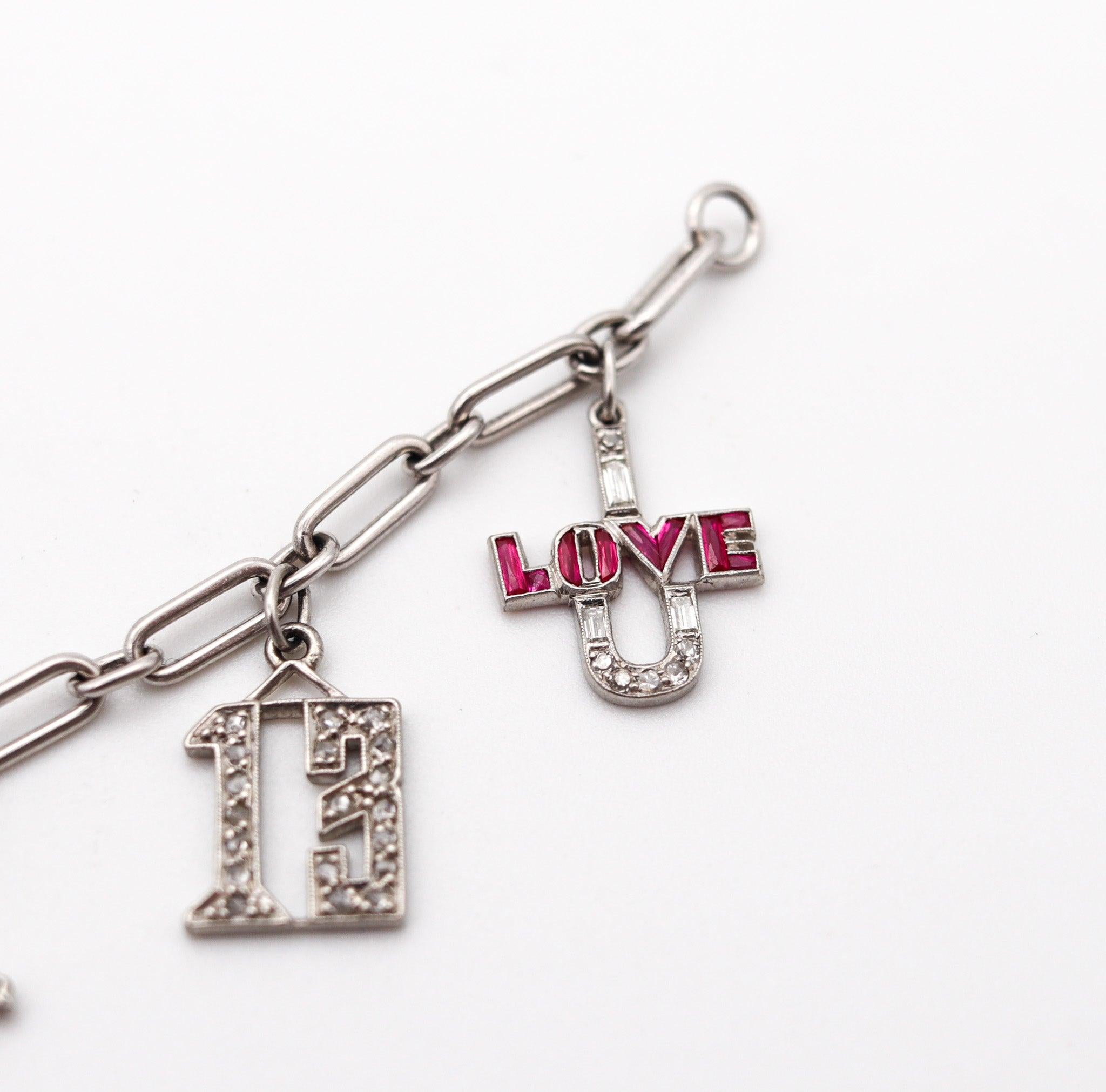 CARTIER 1930 Art Deco Charms Bracelet Platinum With 6.04 Ctw In Diamonds & Gems For Sale 8