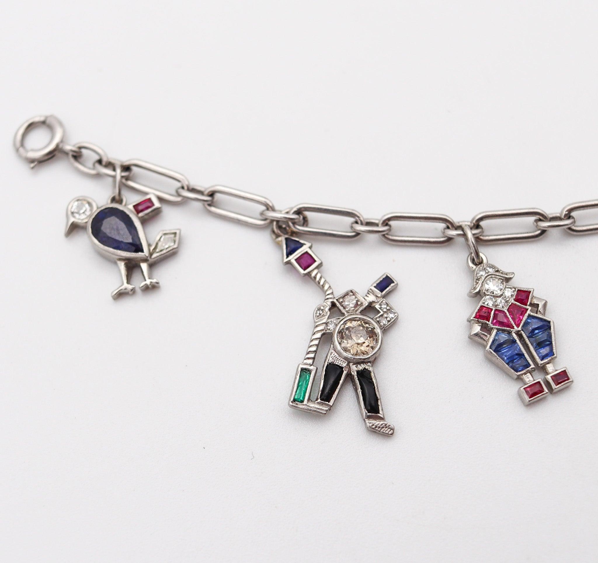 CARTIER 1930 Art Deco Charms Bracelet Platinum With 6.04 Ctw In Diamonds & Gems For Sale 9