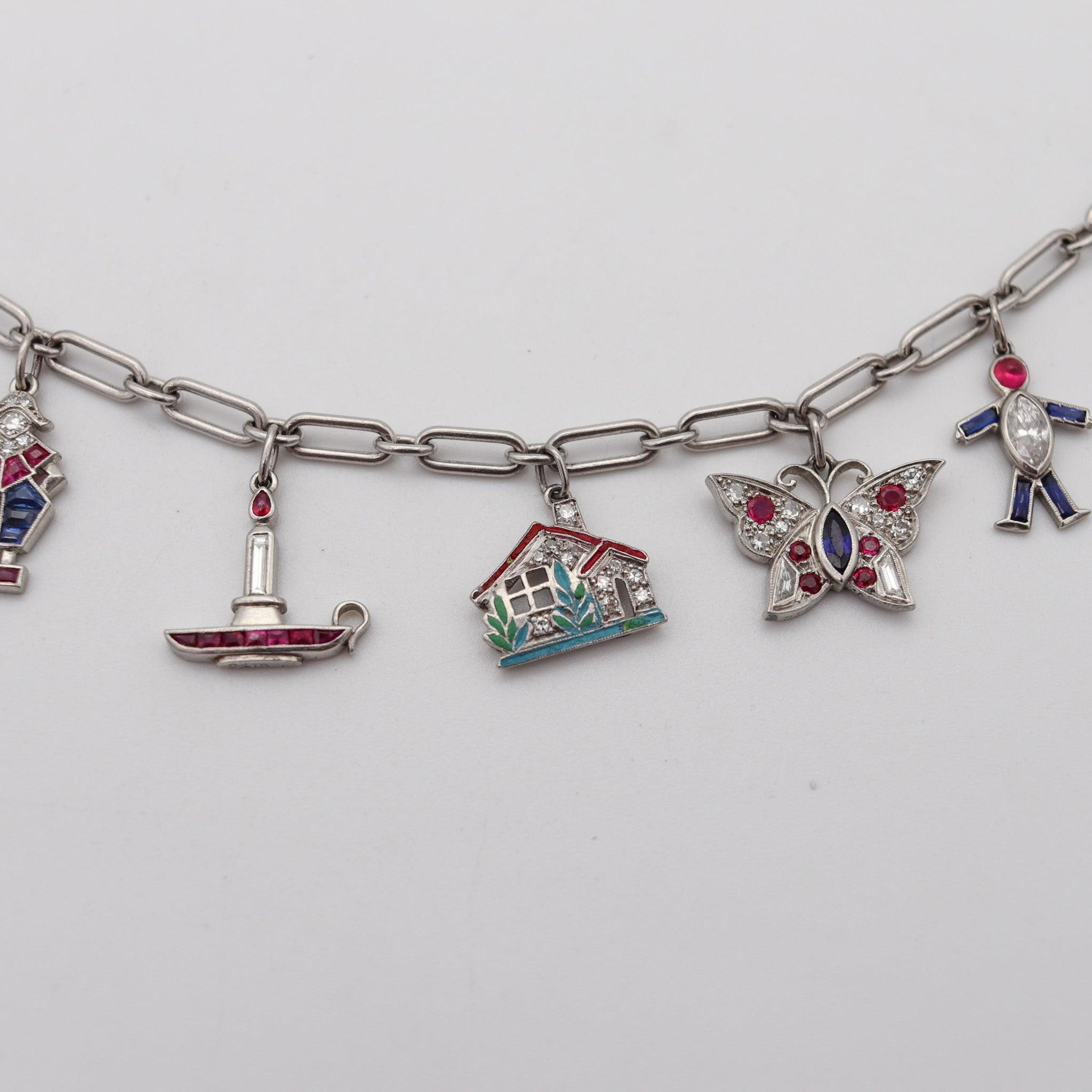 CARTIER 1930 Art Deco Charms Bracelet Platinum With 6.04 Ctw In Diamonds & Gems For Sale 11