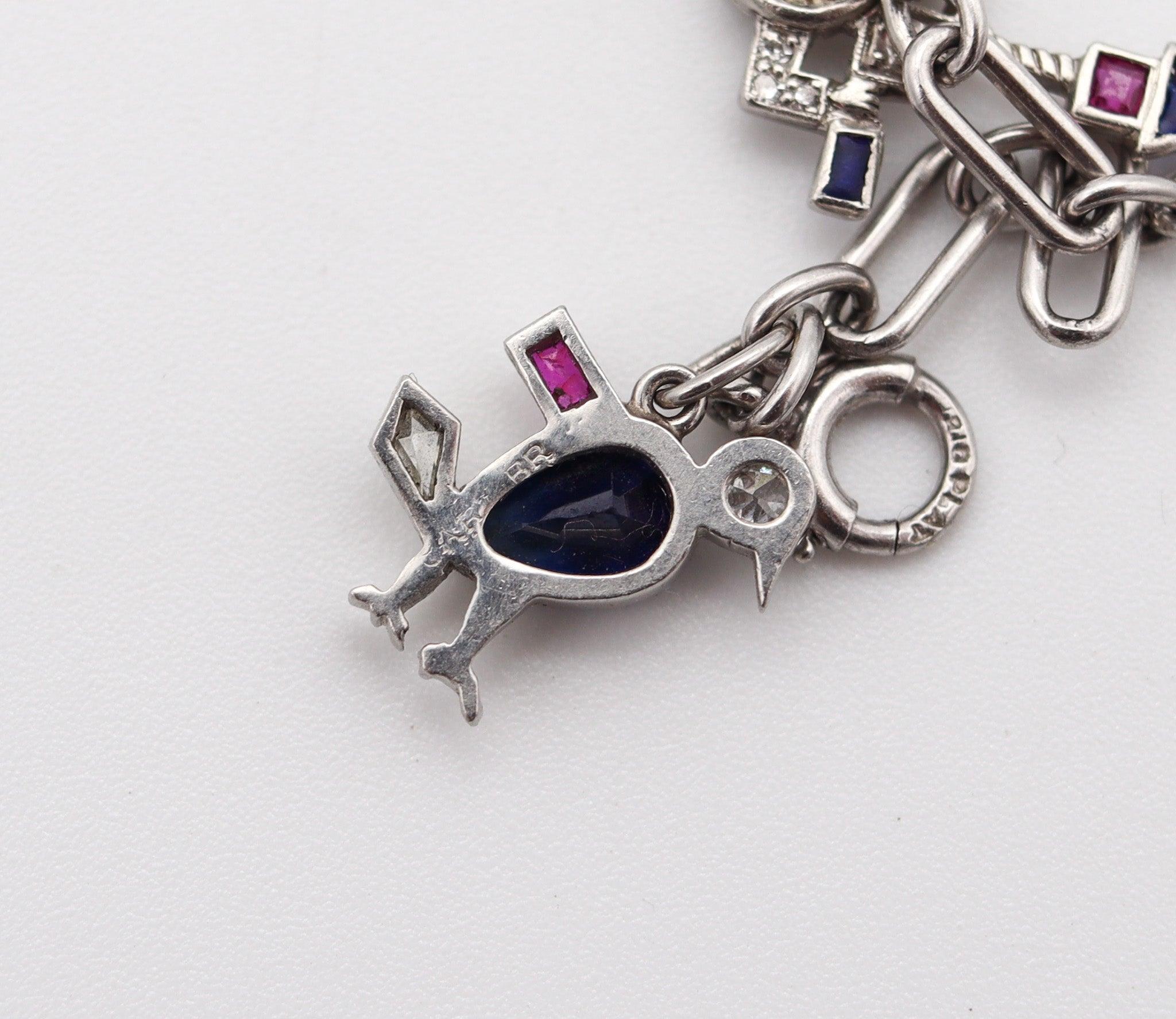 CARTIER 1930 Art Deco Charms Bracelet Platinum With 6.04 Ctw In Diamonds & Gems For Sale 12