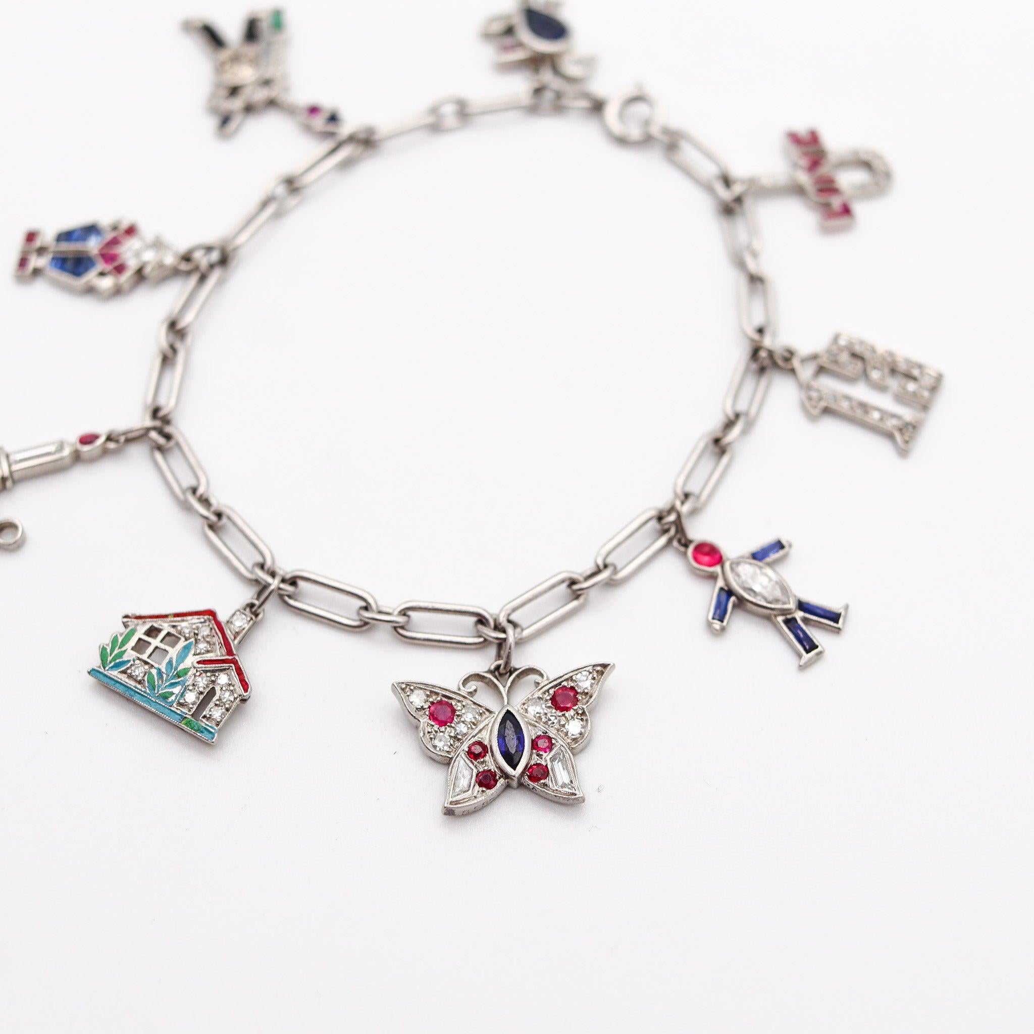 Women's CARTIER 1930 Art Deco Charms Bracelet Platinum With 6.04 Ctw In Diamonds & Gems For Sale