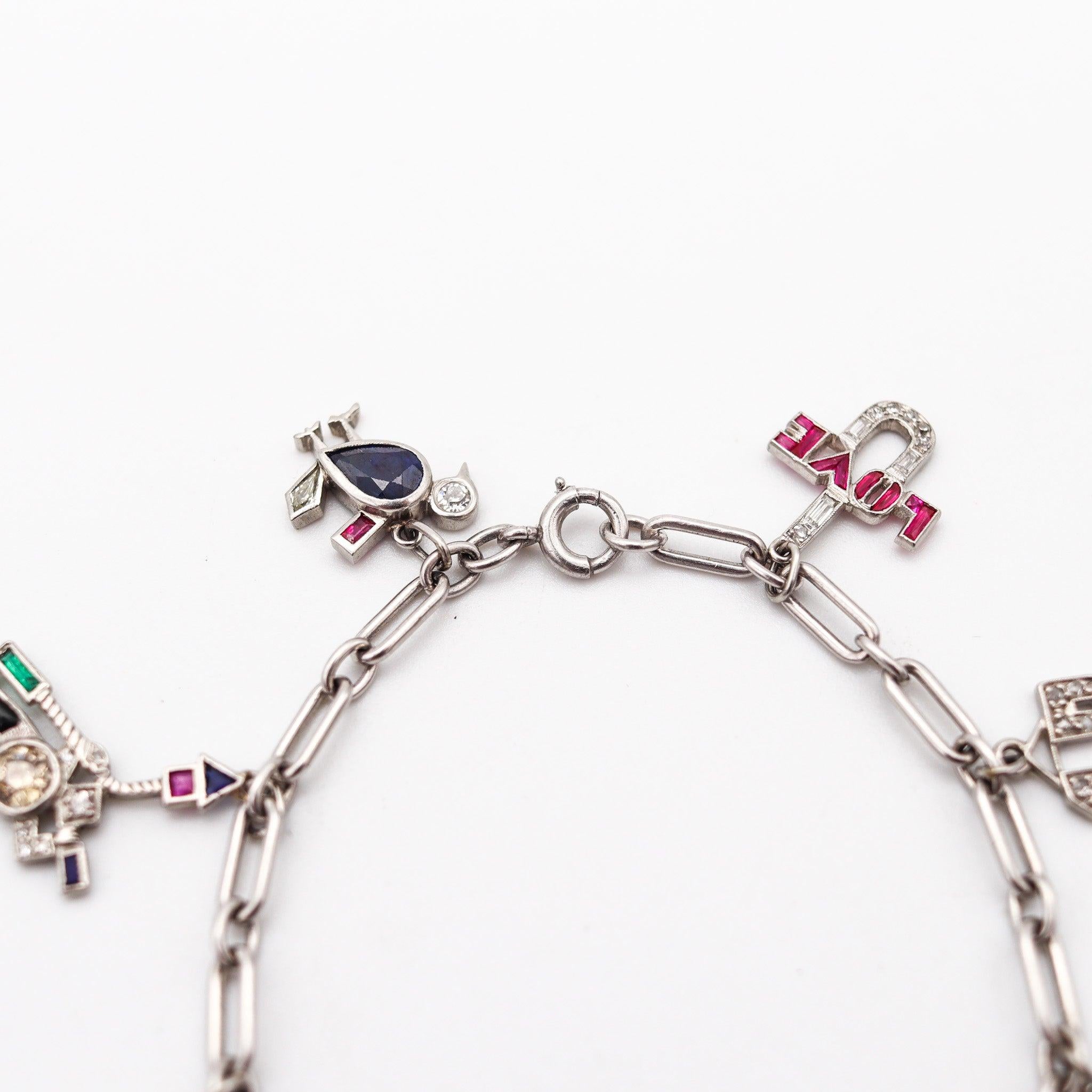 CARTIER 1930 Art Deco Charms Bracelet Platinum With 6.04 Ctw In Diamonds & Gems For Sale 1