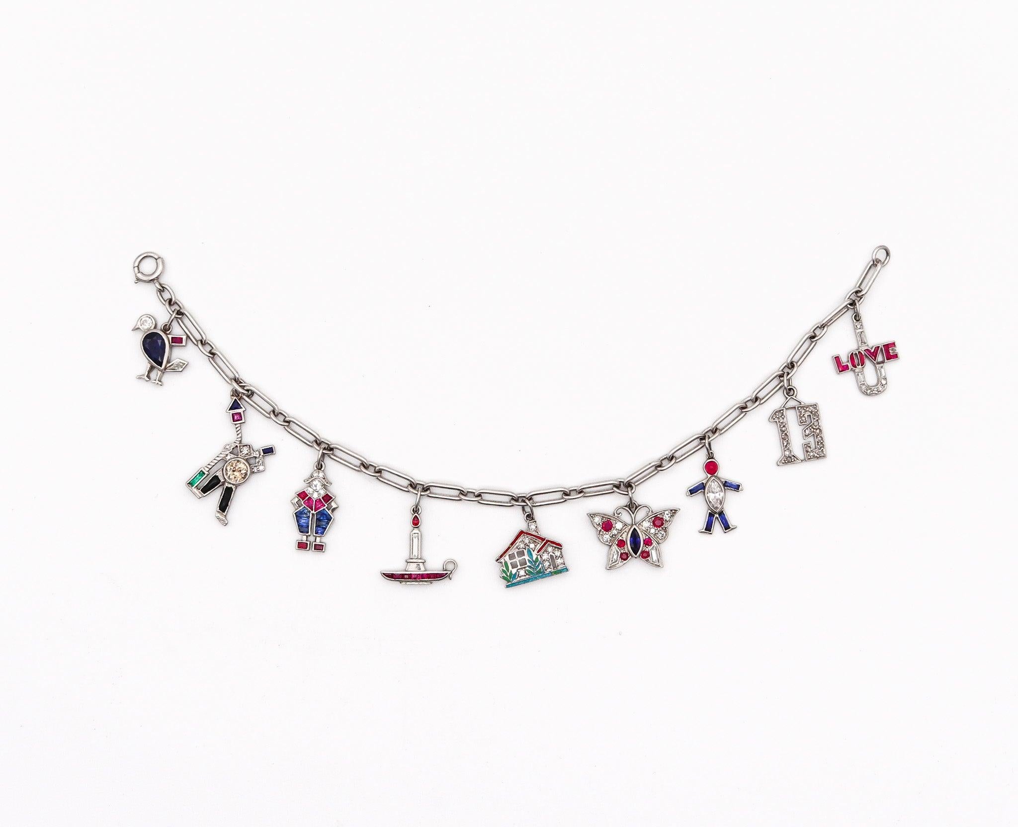 CARTIER 1930 Art Deco Charms Bracelet Platinum With 6.04 Ctw In Diamonds & Gems For Sale 2