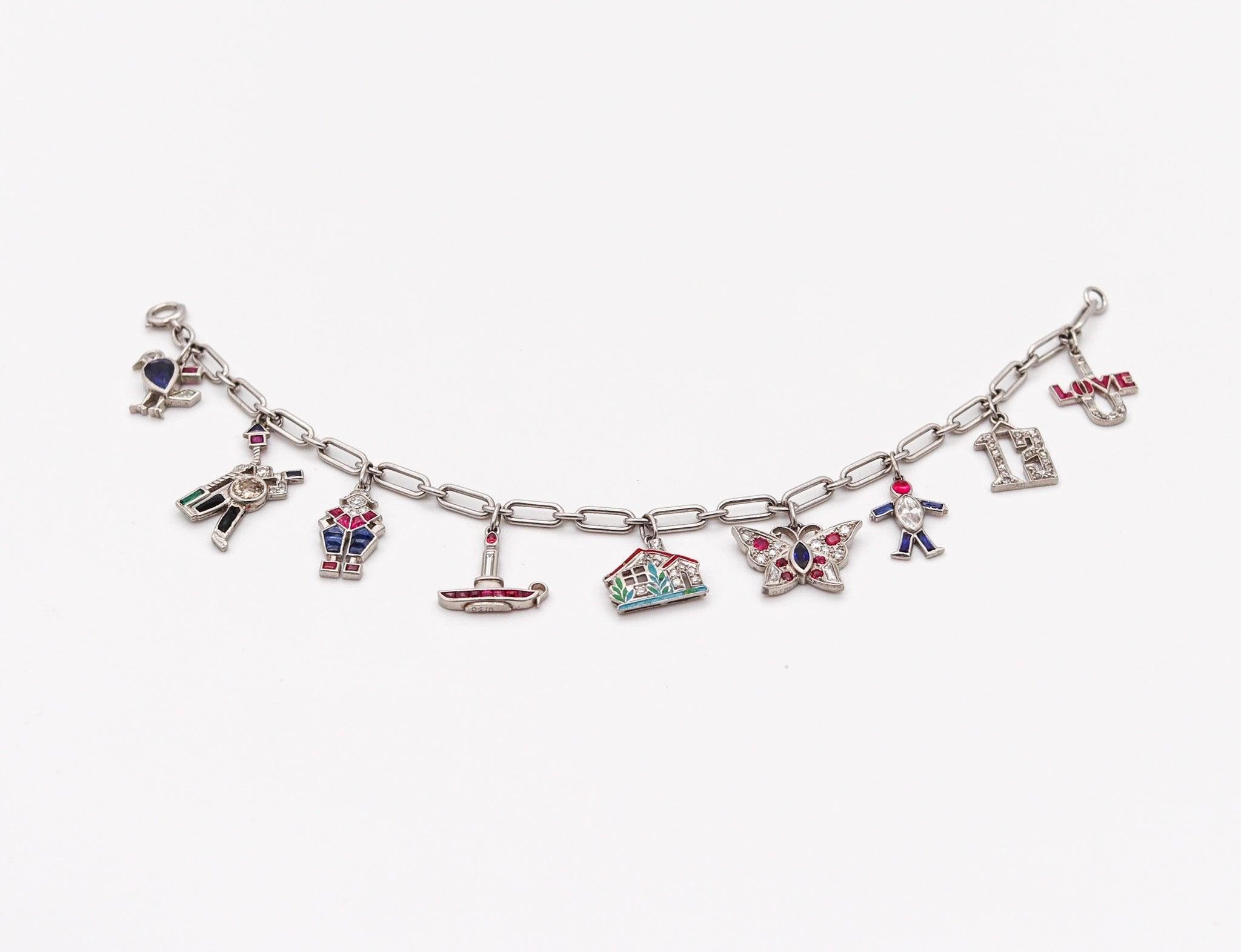 CARTIER 1930 Art Deco Charms Bracelet Platinum With 6.04 Ctw In Diamonds & Gems For Sale 3