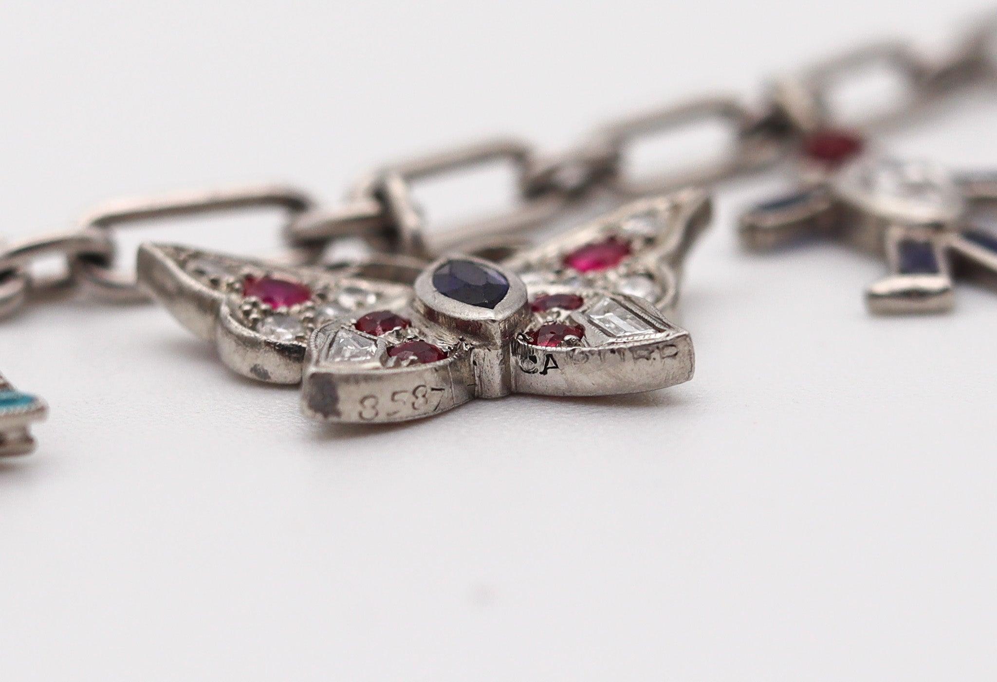 CARTIER 1930 Art Deco Charms Bracelet Platinum With 6.04 Ctw In Diamonds & Gems For Sale 4