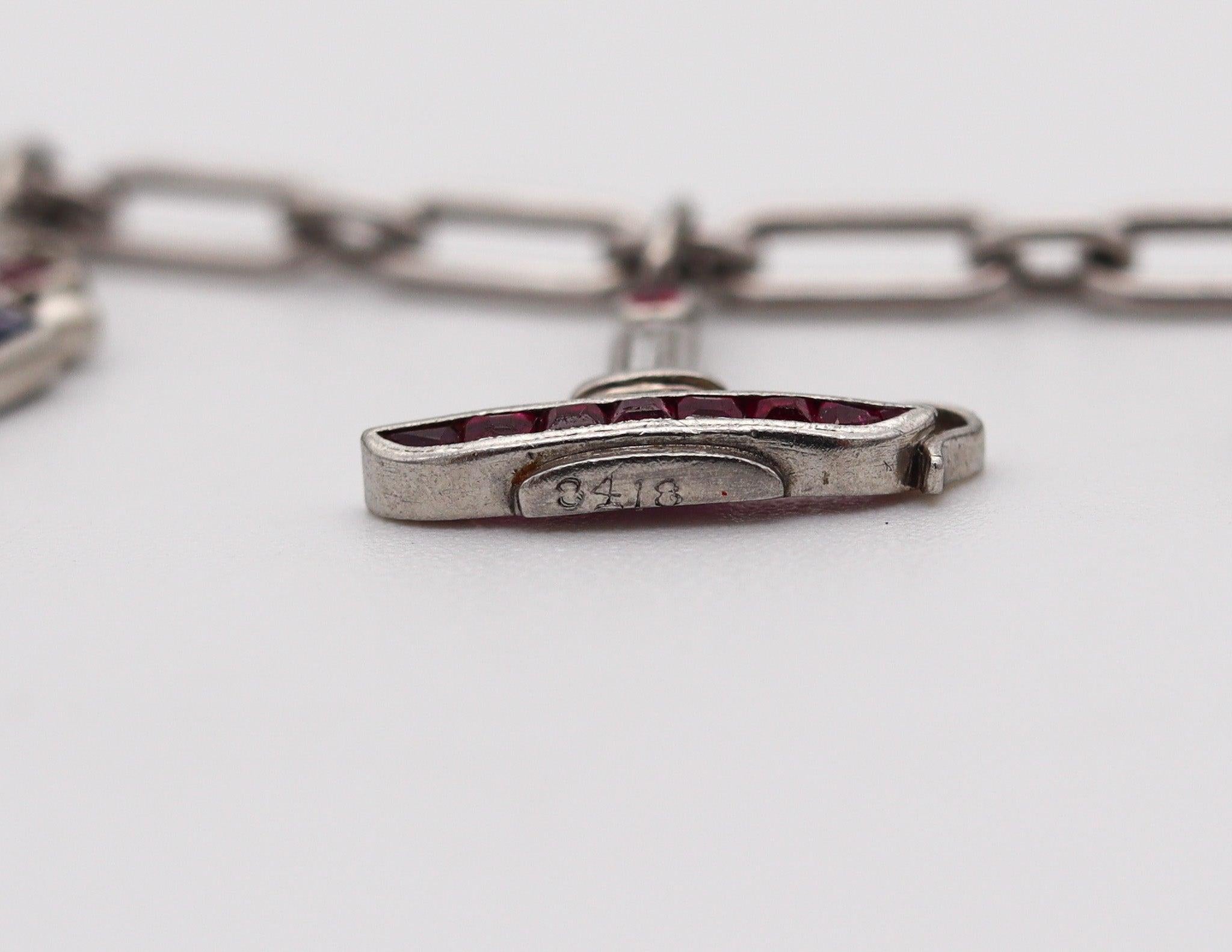 CARTIER 1930 Art Deco Charms Bracelet Platinum With 6.04 Ctw In Diamonds & Gems For Sale 5