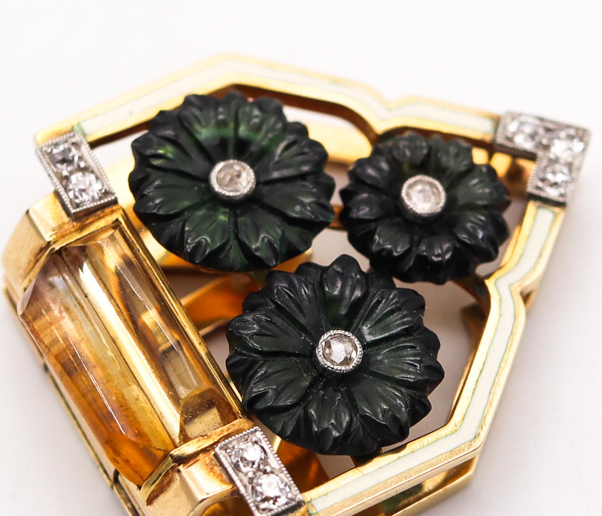 Cartier 1930 Art Deco Enameled Clip In 18Kt Gold Platinum With Gems And Diamonds 5