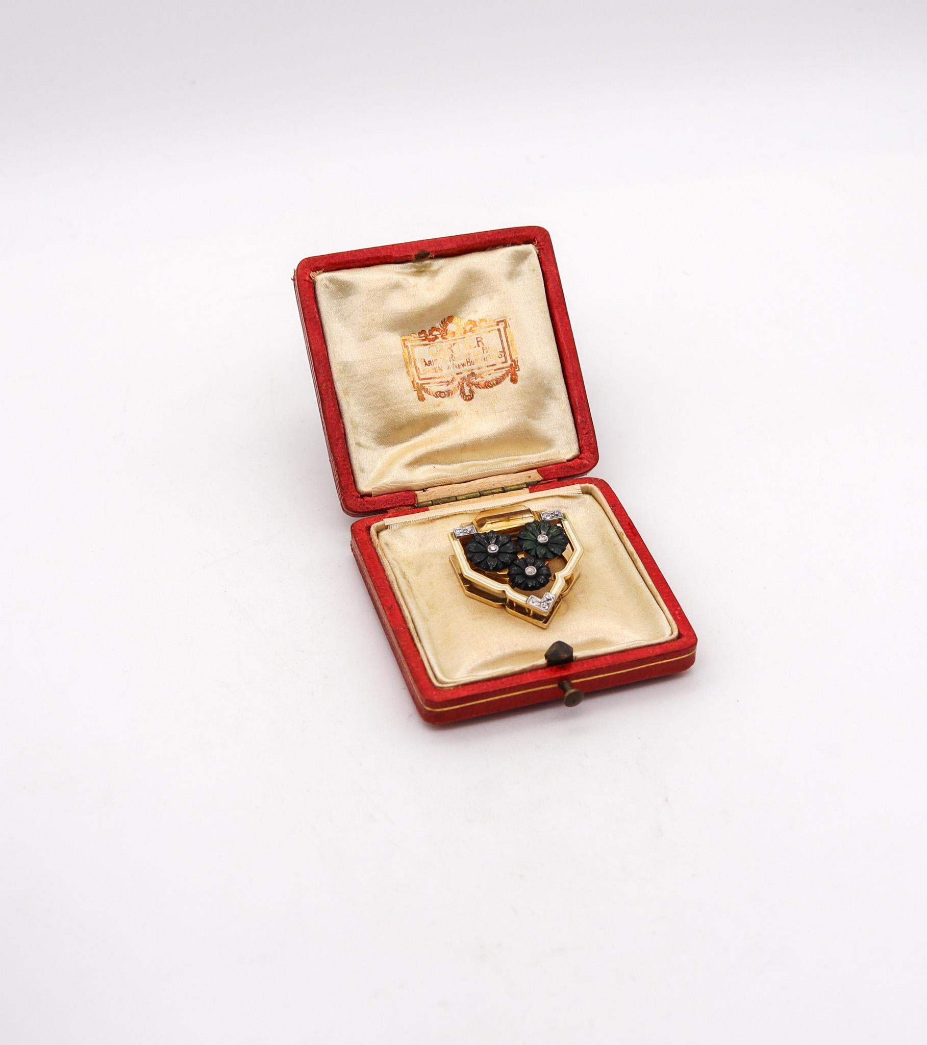 Enameled clip brooch designed by Cartier.

An exceptional and very rare clip brooch, created during the art deco period by the jewelry house of Cartier, back in the 1930. This fabulous colorful clip brooch has been carefully crafted with geometric