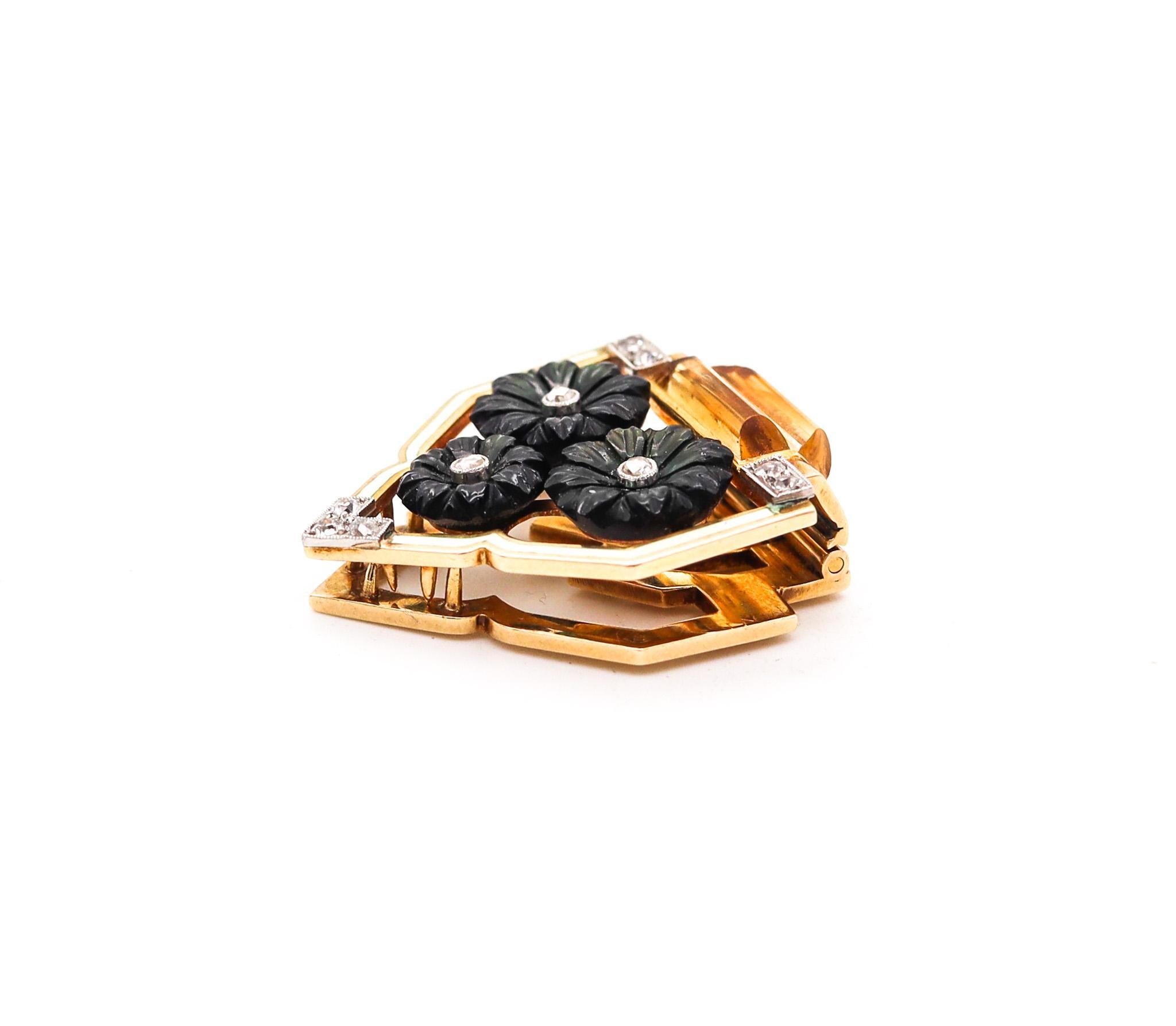 Mixed Cut Cartier 1930 Art Deco Enameled Clip In 18Kt Gold Platinum With Gems And Diamonds
