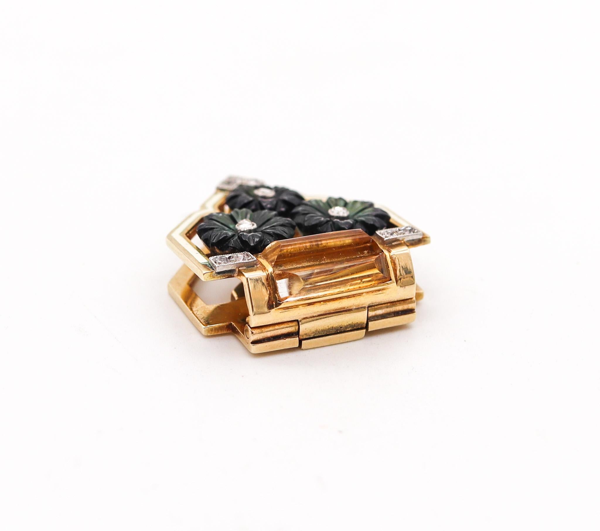 Cartier 1930 Art Deco Enameled Clip In 18Kt Gold Platinum With Gems And Diamonds In Excellent Condition In Miami, FL