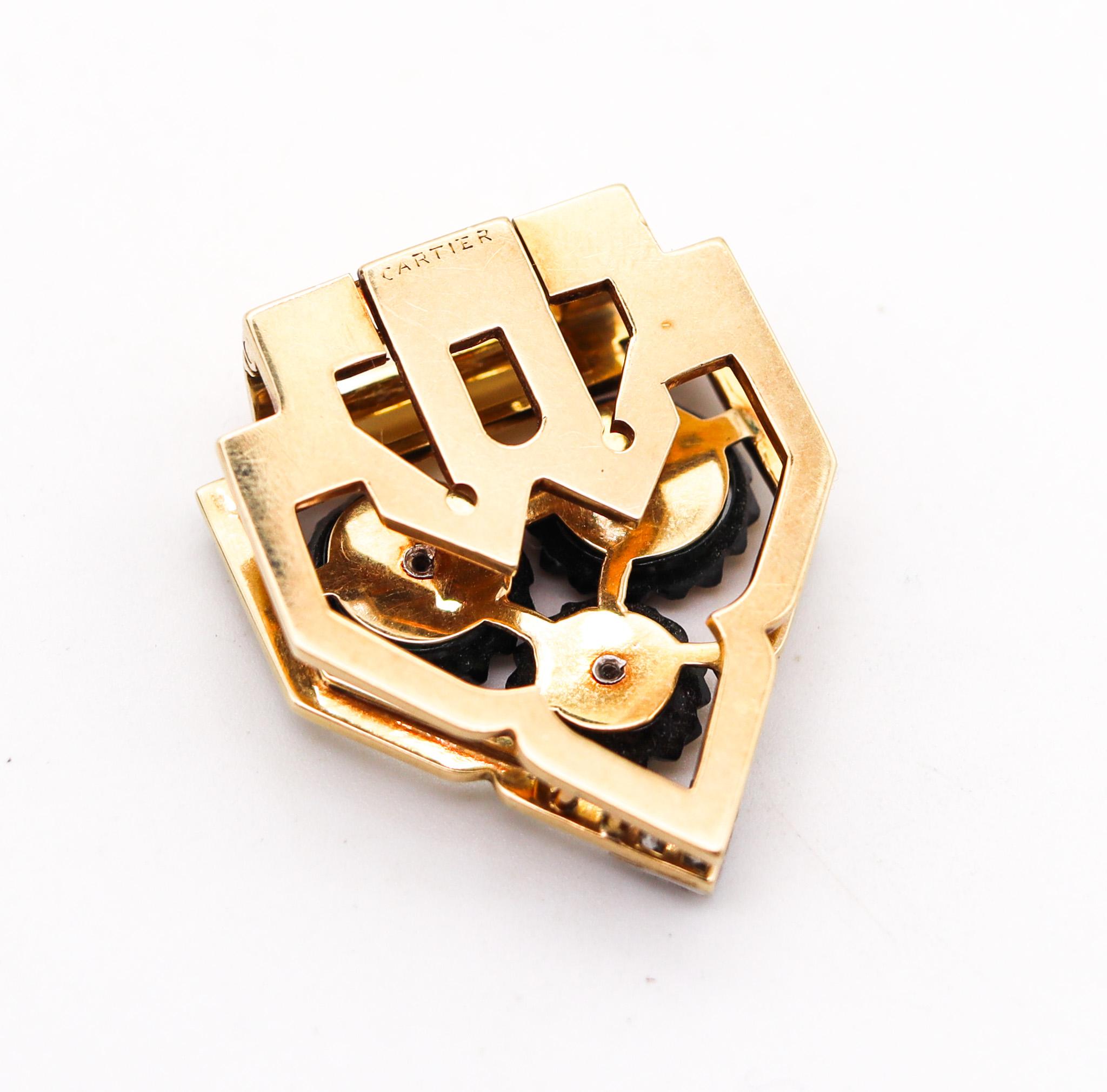 Women's or Men's Cartier 1930 Art Deco Enameled Clip In 18Kt Gold Platinum With Gems And Diamonds