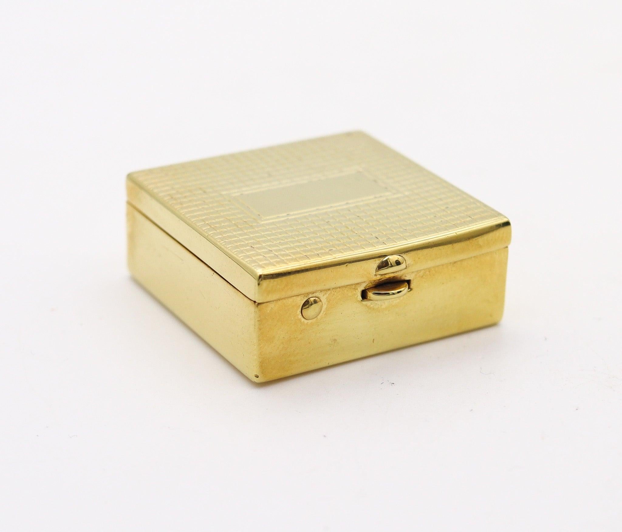 Square pill box designed by Cartier.

Beautiful pill box, created during the art deco period, back in the 1930. The pill box was made at the Charles Thomae & Co. workshops for the jewelry house of Cartier in New York. The box has been crafted in a