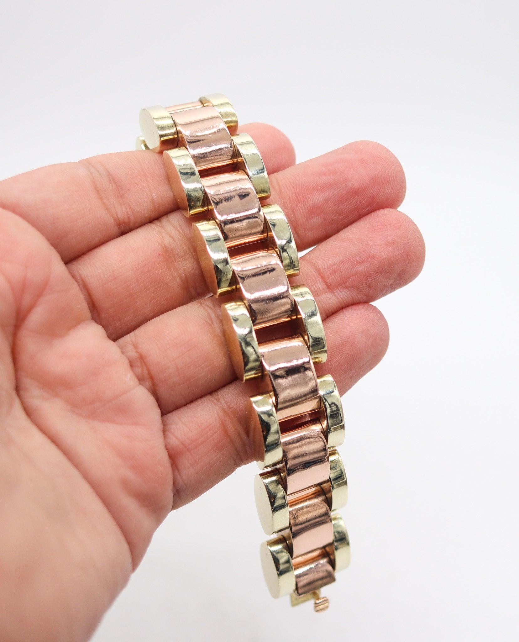 CARTIER 1930 Art-Deco Tank-Tracks Bracelet In 14Kt Yellow & Rose Gold 5
