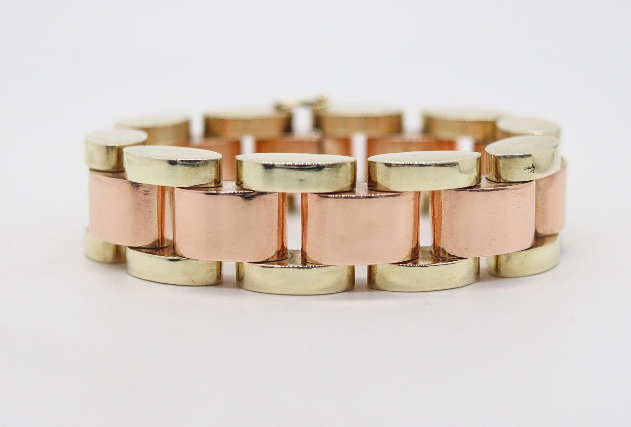 Art Deco CARTIER 1930 Art-Deco Tank-Tracks Bracelet In 14Kt Yellow & Rose Gold