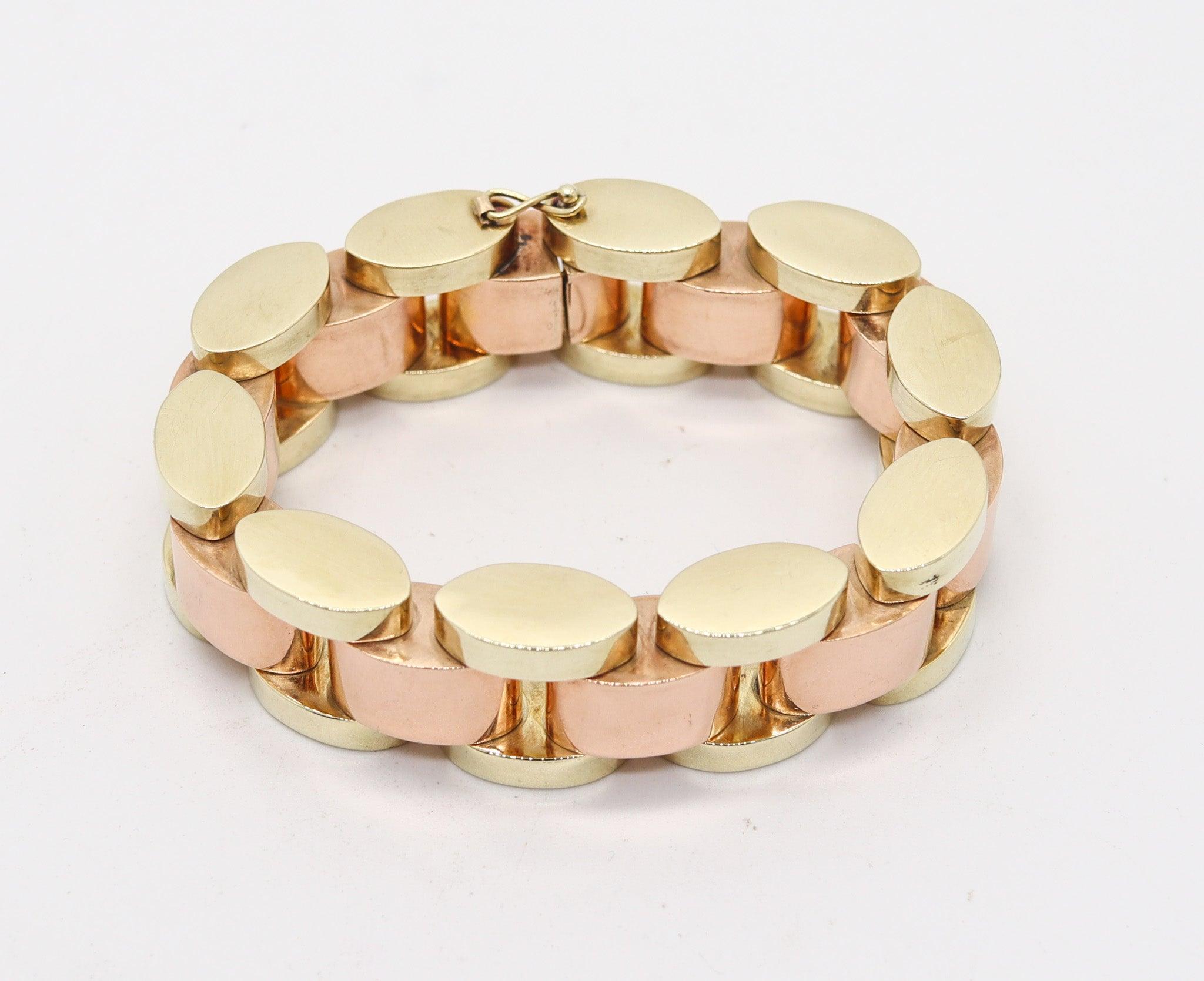 CARTIER 1930 Art-Deco Tank-Tracks Bracelet In 14Kt Yellow & Rose Gold In Excellent Condition In Miami, FL