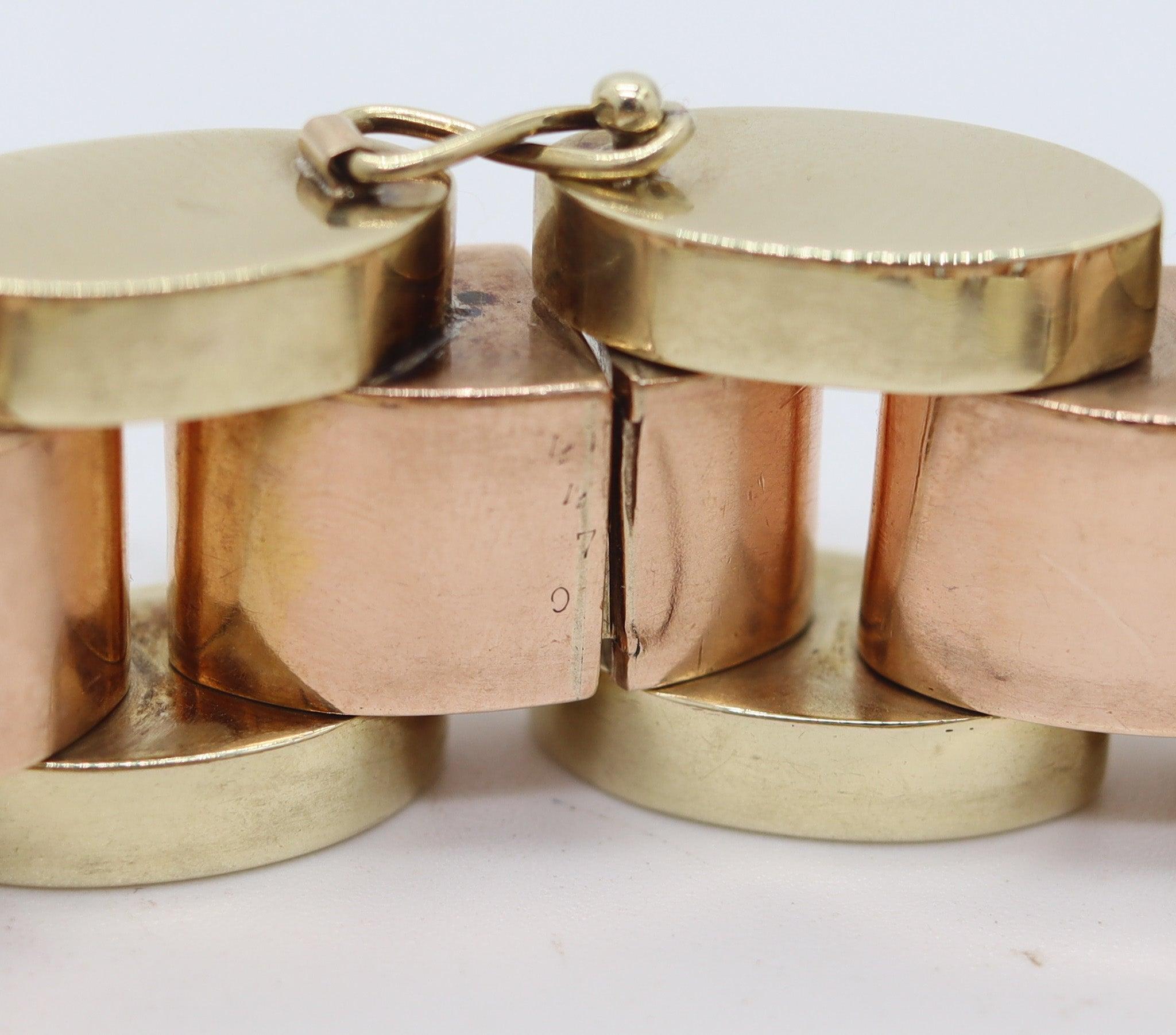 Women's or Men's CARTIER 1930 Art-Deco Tank-Tracks Bracelet In 14Kt Yellow & Rose Gold
