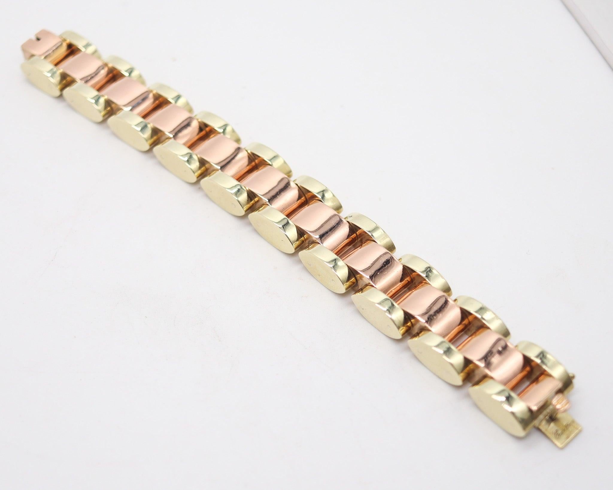 CARTIER 1930 Art-Deco Tank-Tracks Bracelet In 14Kt Yellow & Rose Gold 1