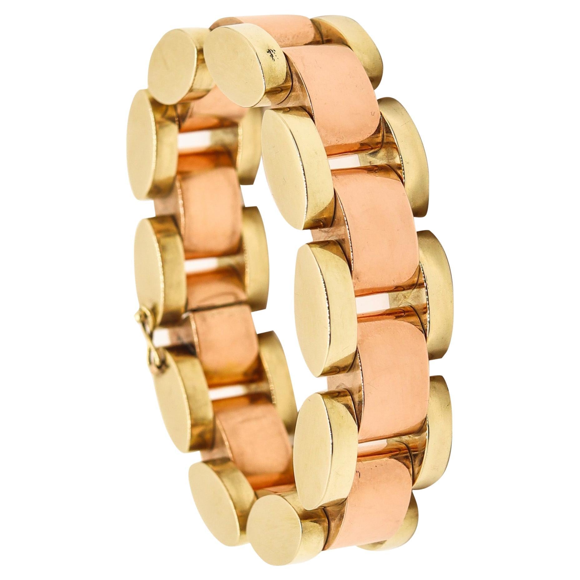 CARTIER 1930 Art-Deco Tank-Tracks Bracelet In 14Kt Yellow & Rose Gold