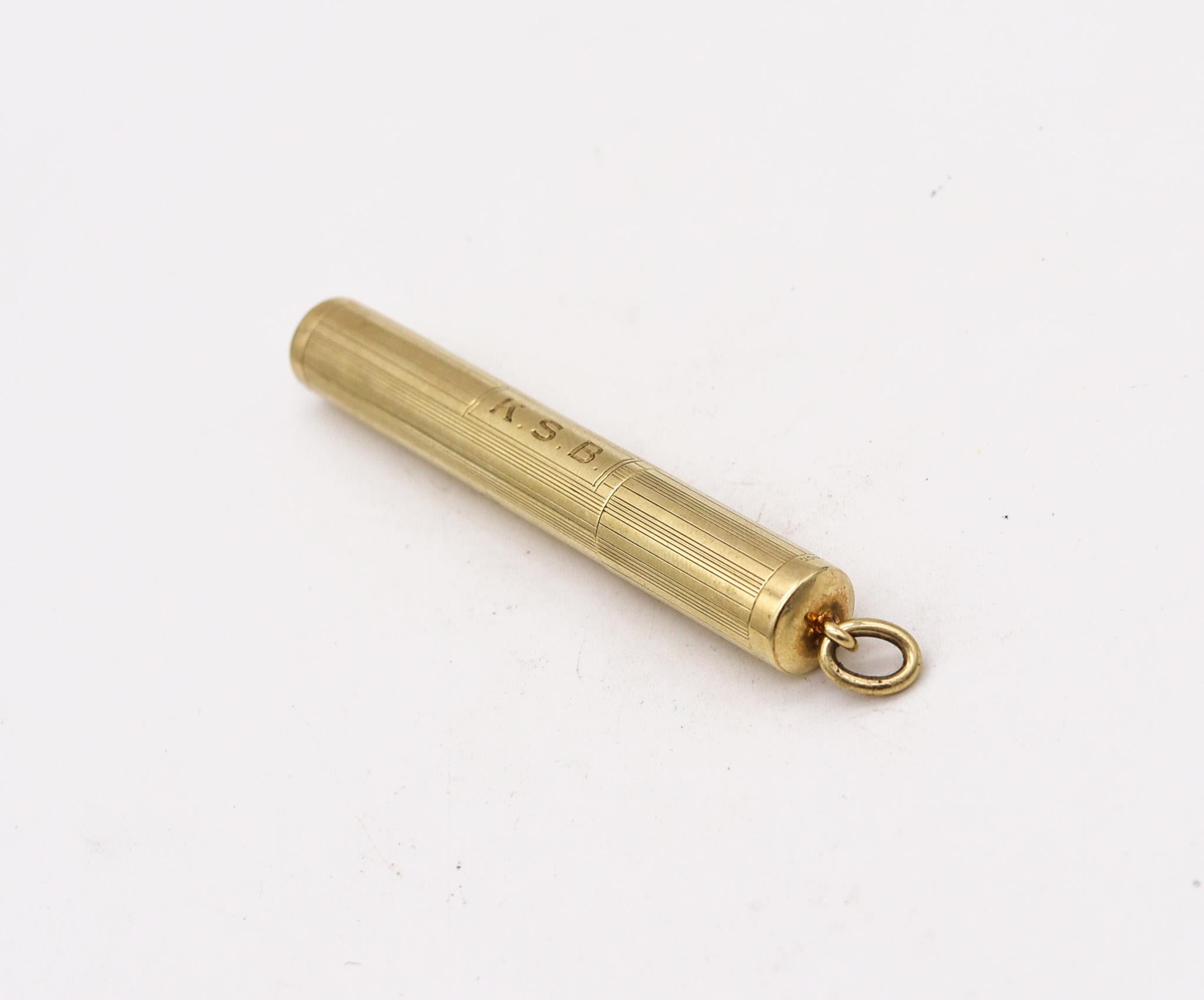 Petrol lighter pendant designed by Cartier.

An elegant petrol lighter pendant, created by the house of Cartier, back in the 1940. It was crafted in a cylindrical shape during the art deco period in solid yellow gold of 18 karats with incised 