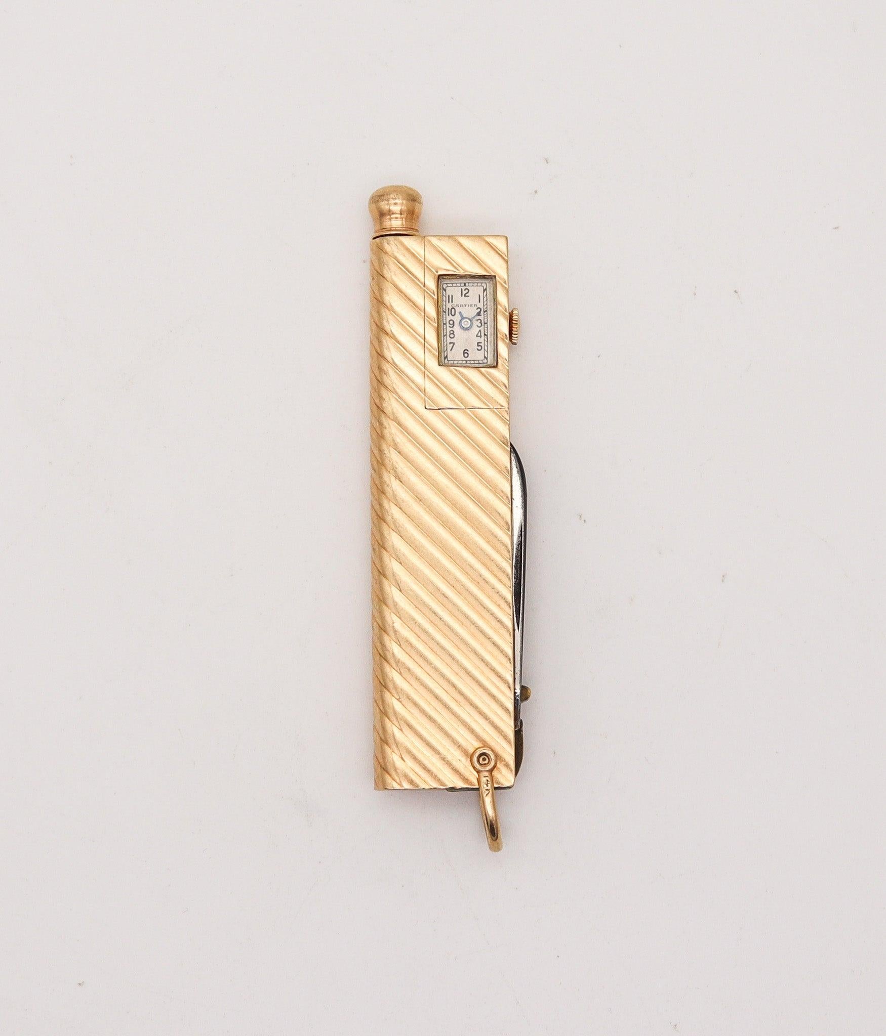 Art Deco CARTIER 1935 Deco Pocket Mechanical-Pencil Watch & Knife In 14Kt Yellow Gold