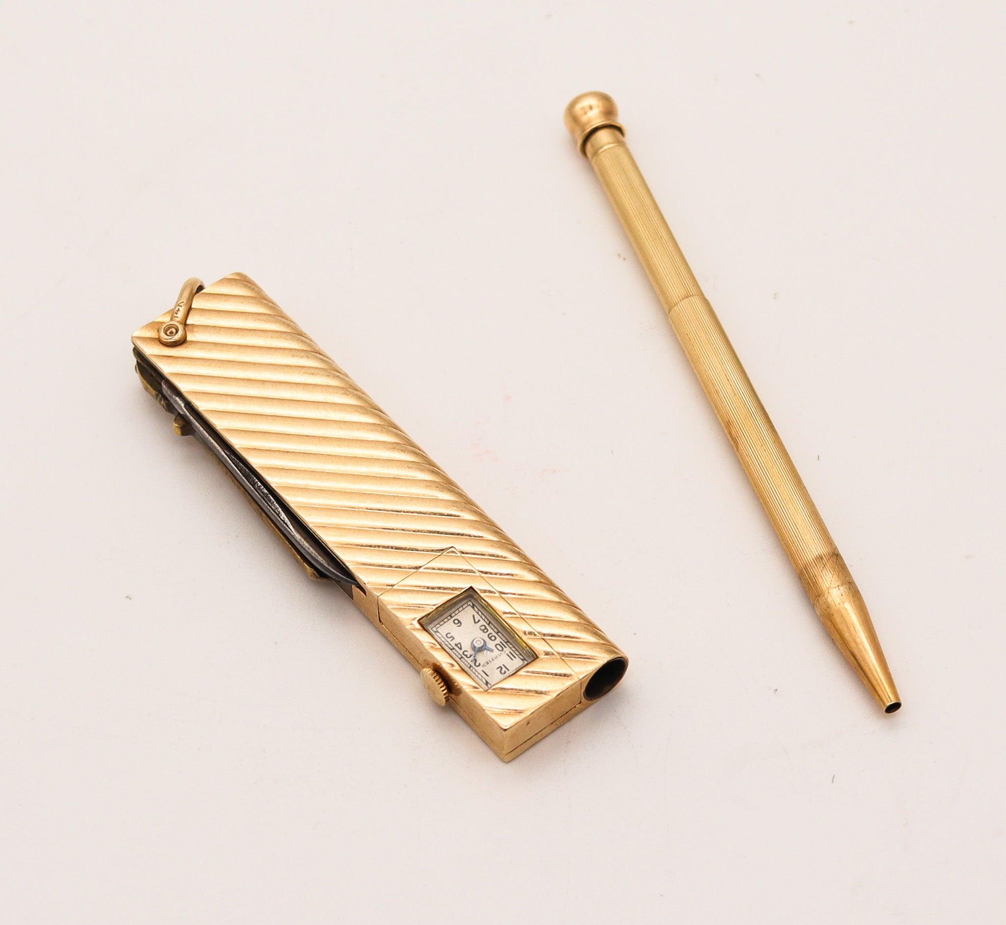 French CARTIER 1935 Deco Pocket Mechanical-Pencil Watch & Knife In 14Kt Yellow Gold