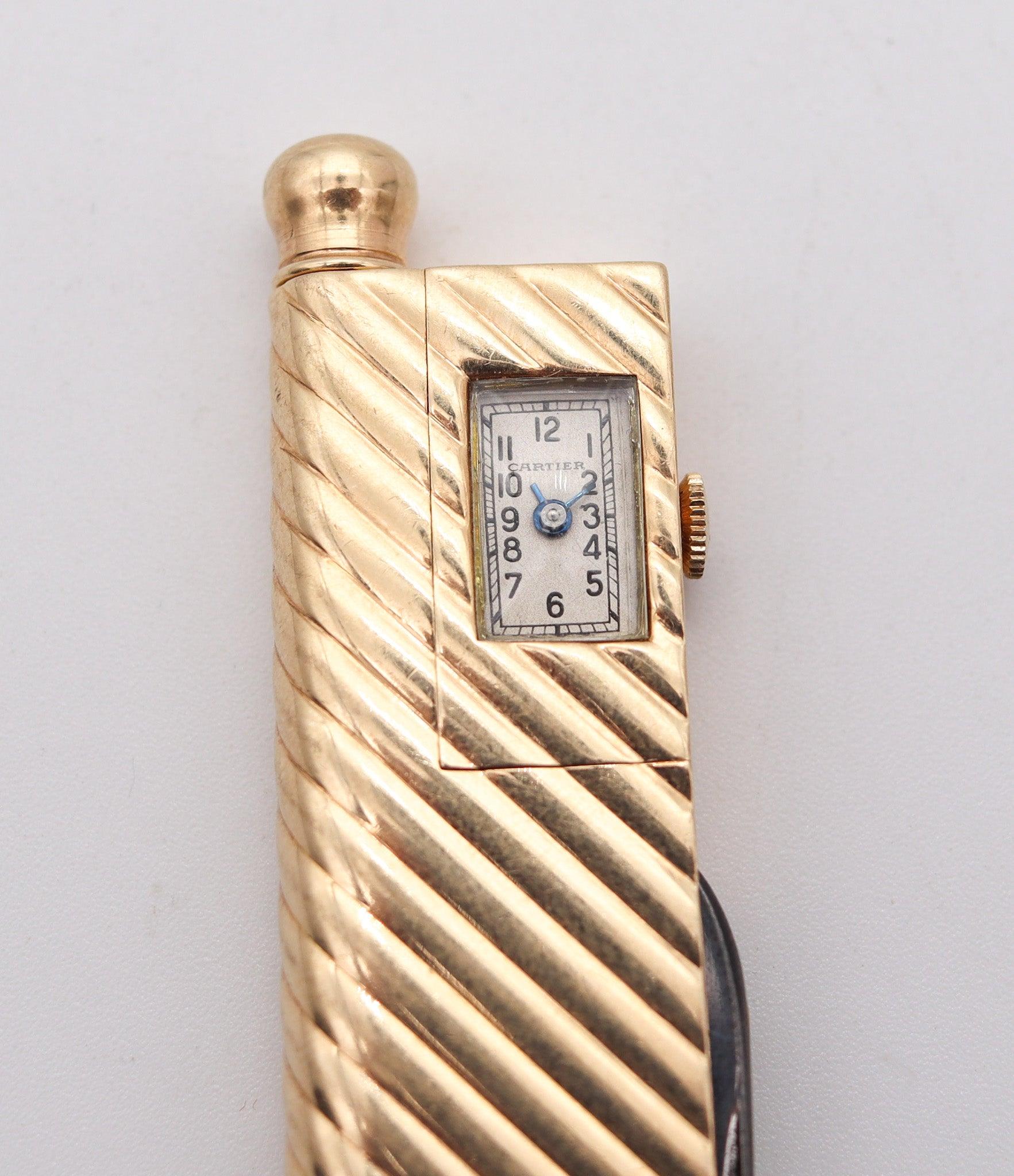 Polished CARTIER 1935 Deco Pocket Mechanical-Pencil Watch & Knife In 14Kt Yellow Gold