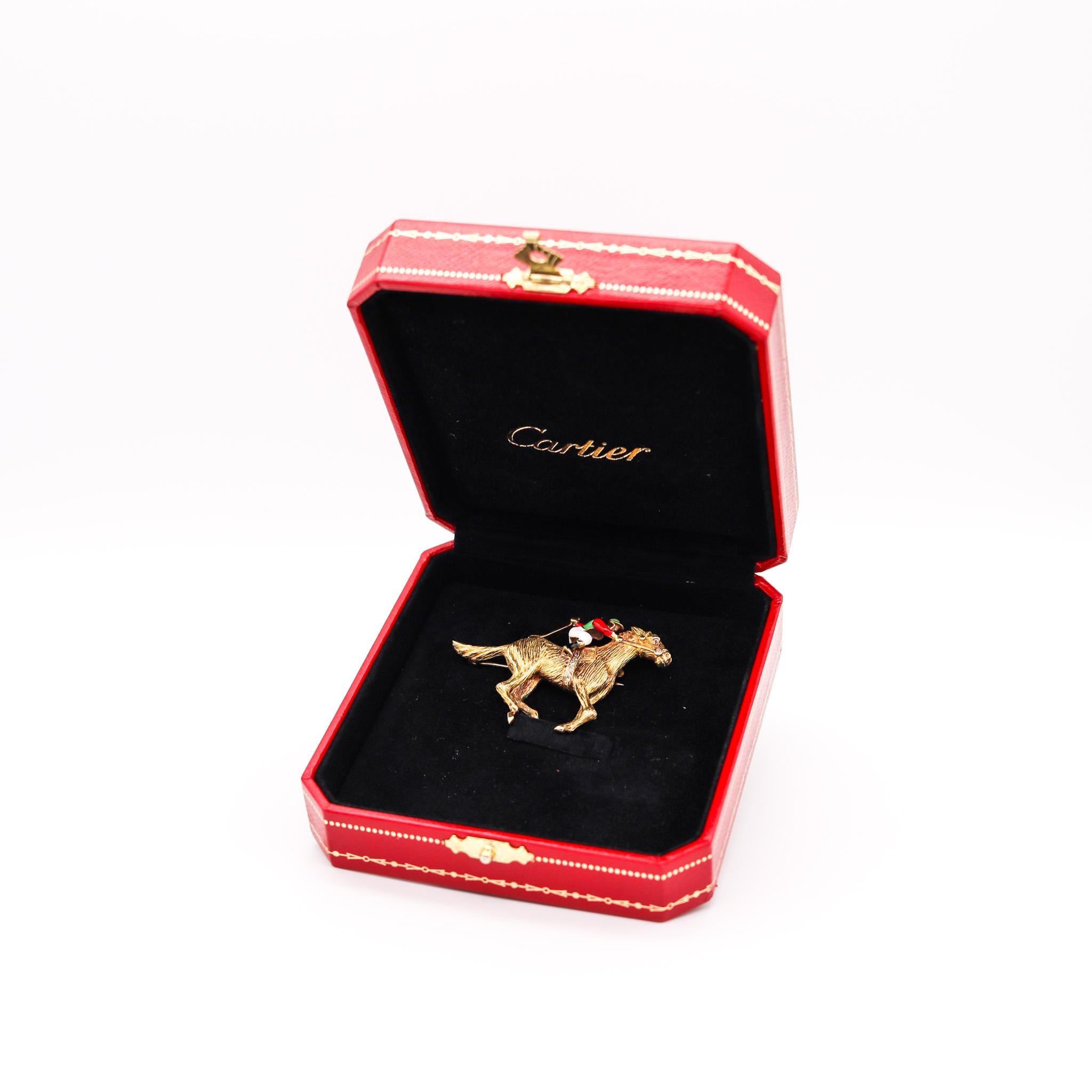 Cartier 1940 Deco Enameled Racing Horse Jockey Brooch in 18kt Gold with Diamonds 4