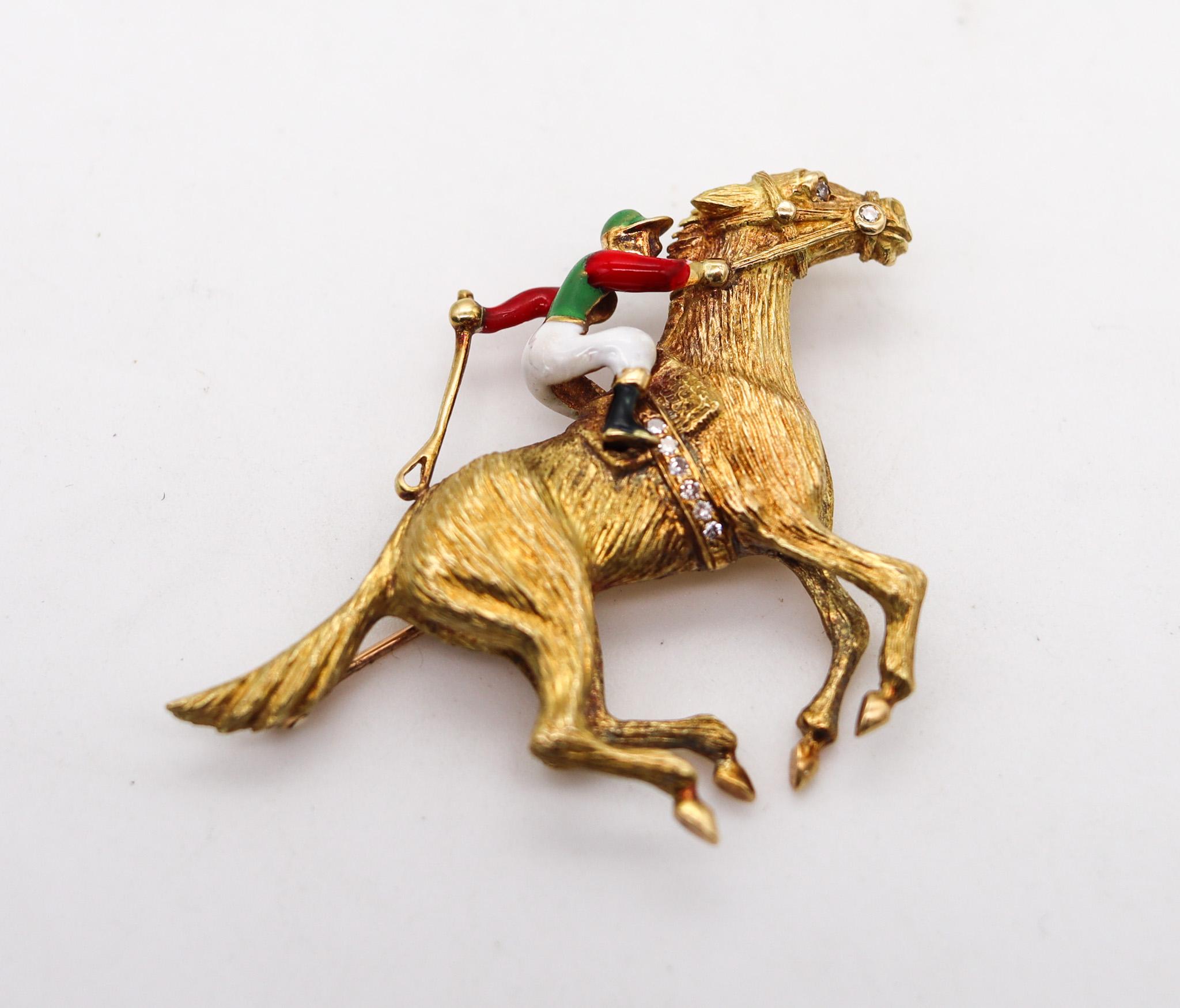 Racing horse Jockey brooch designed by Cartier.

A very rare beautiful piece, created by the jewelry house of Cartier, back in the 1950. This colorful racing horse jockey brooch has been carefully crafted in solid yellow gold of 18 karats and fitted